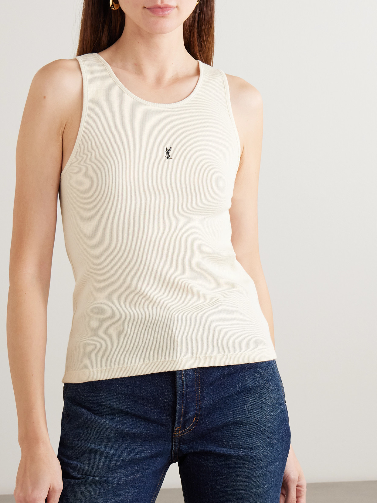 Saint Laurent Cassandre Embroidered Ribbed Cotton-jersey Tank In White