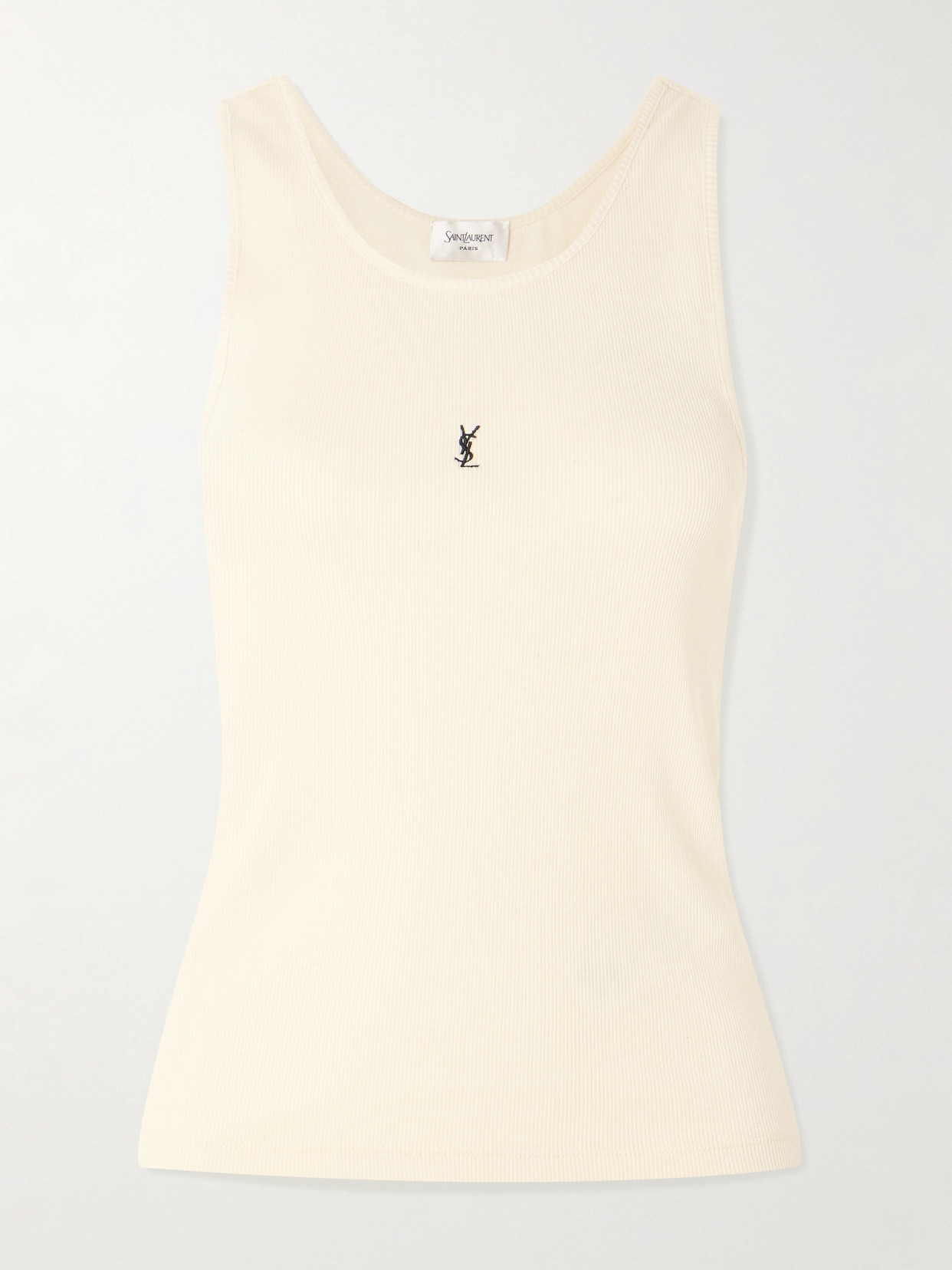 Saint Laurent Cassandre Embroidered Ribbed Cotton-jersey Tank In White