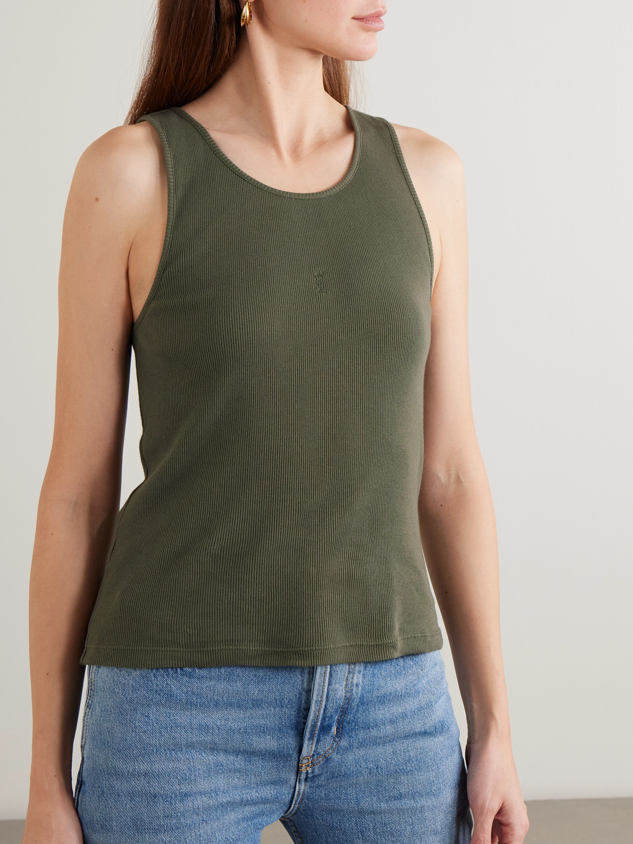 Saint Laurent Cassandre Embroidered Ribbed Cotton-jersey Tank In Green