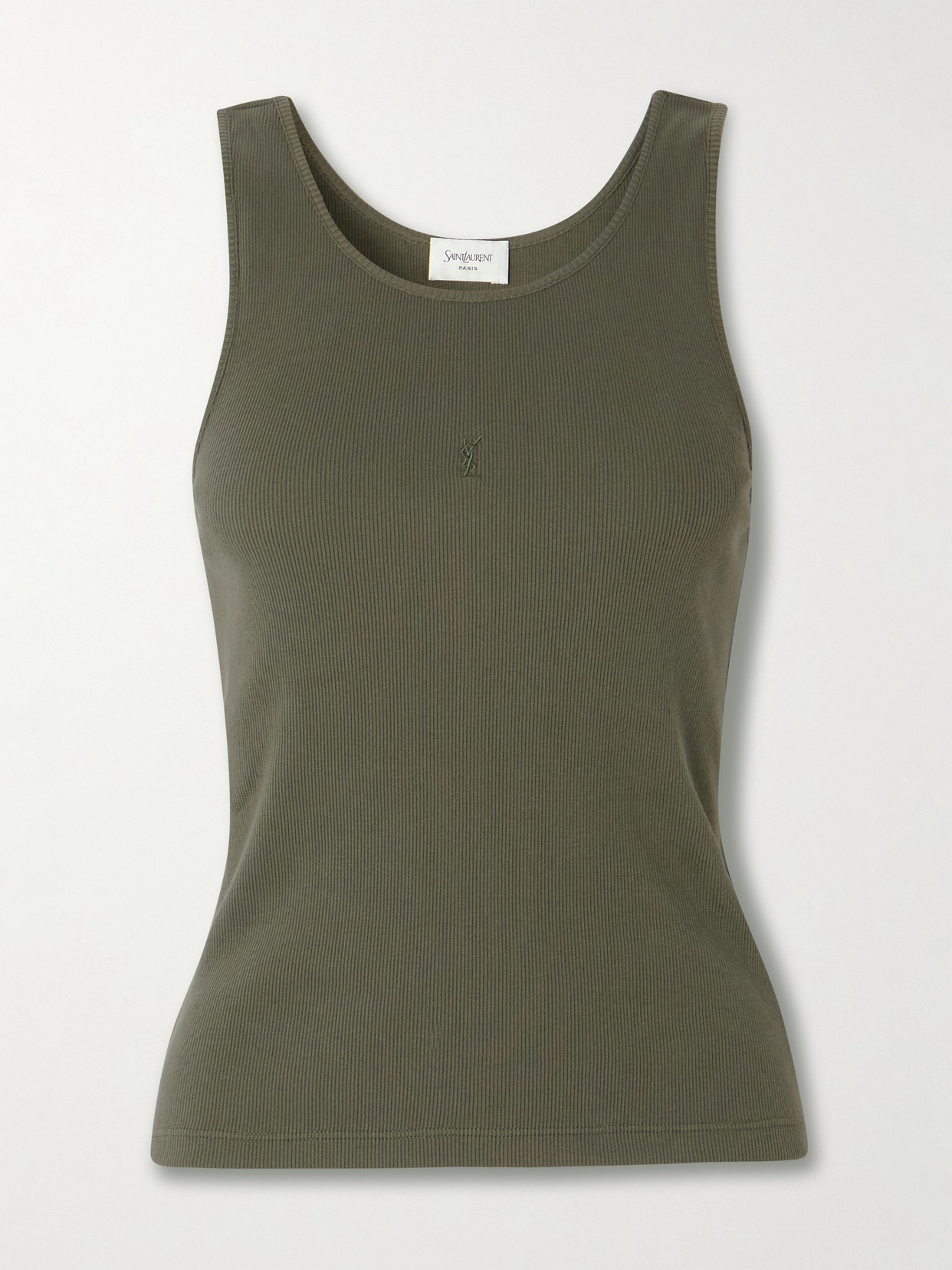Saint Laurent Cassandre Embroidered Ribbed Cotton-jersey Tank In Green