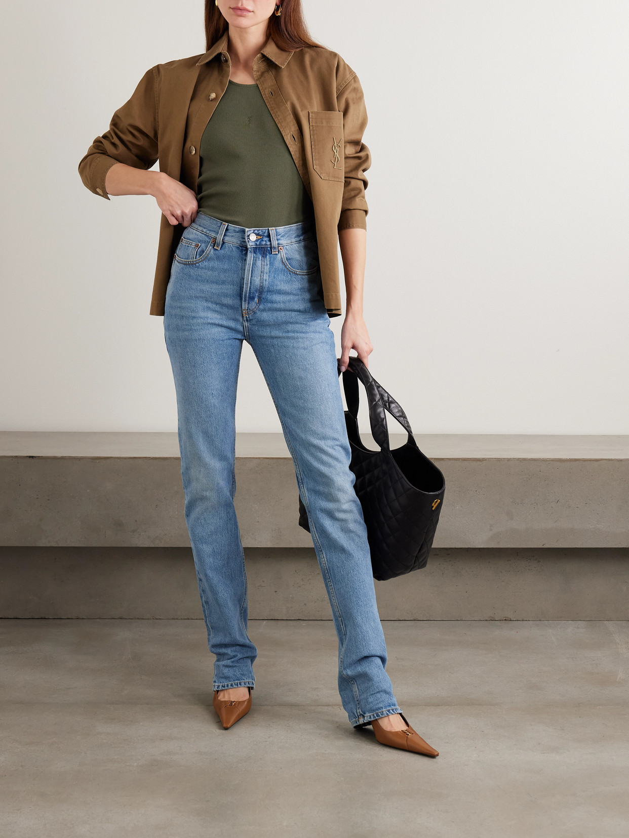 Saint Laurent Cassandre Embroidered Ribbed Cotton-jersey Tank In Green