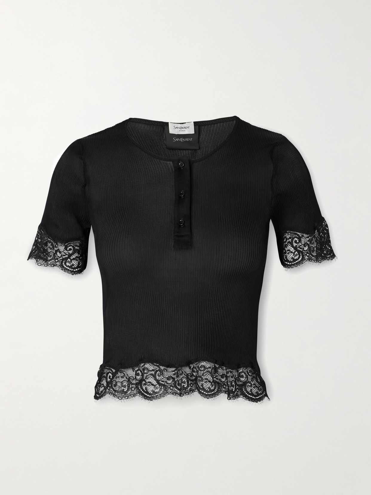 Saint Laurent Scalloped Lace-trimmed Ribbed Jersey Henley Top In Black