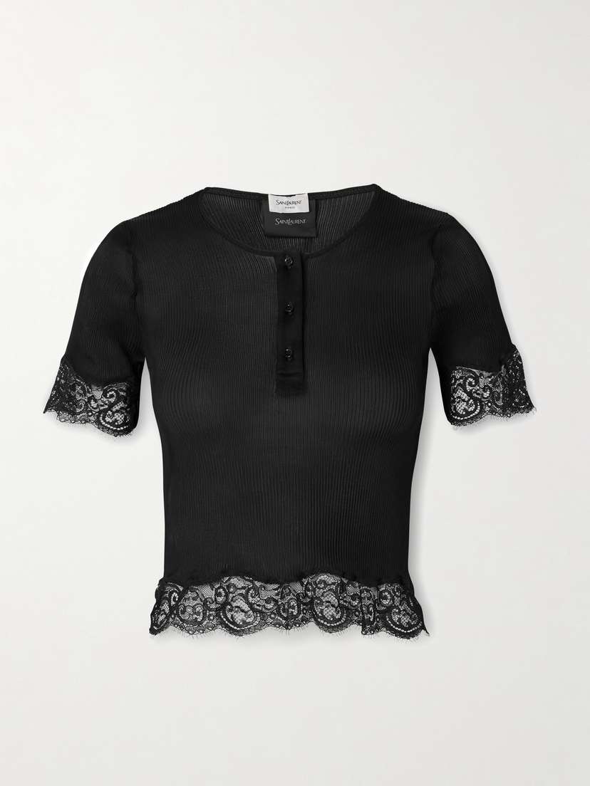 Saint Laurent Scalloped Lace-trimmed Ribbed Jersey Henley Top