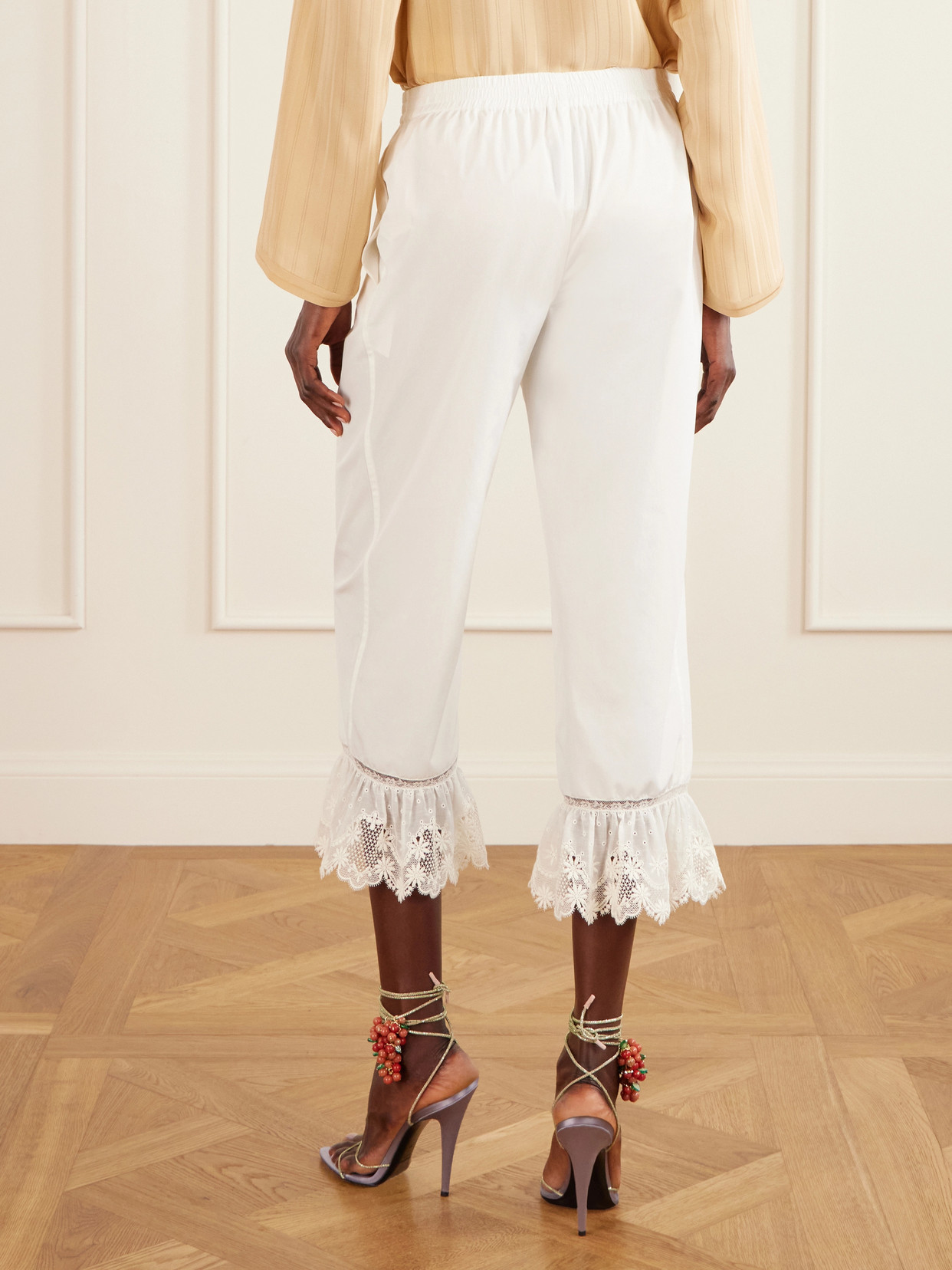 Cropped Ruffled Lace-Trimmed Cotton-Poplin Straight-Leg Pants