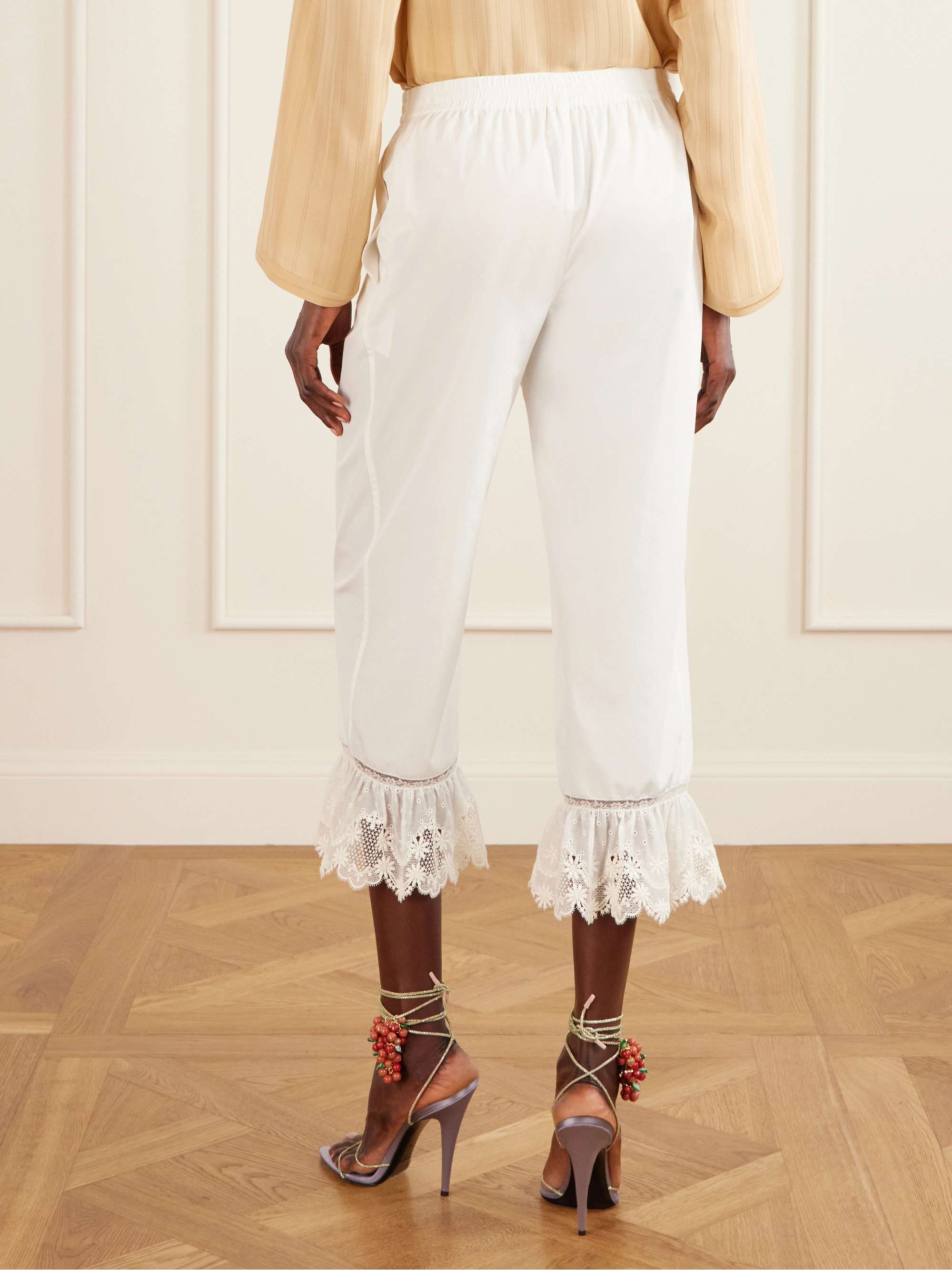 SAINT LAURENT Cropped ruffled lace-trimmed cotton-poplin straight