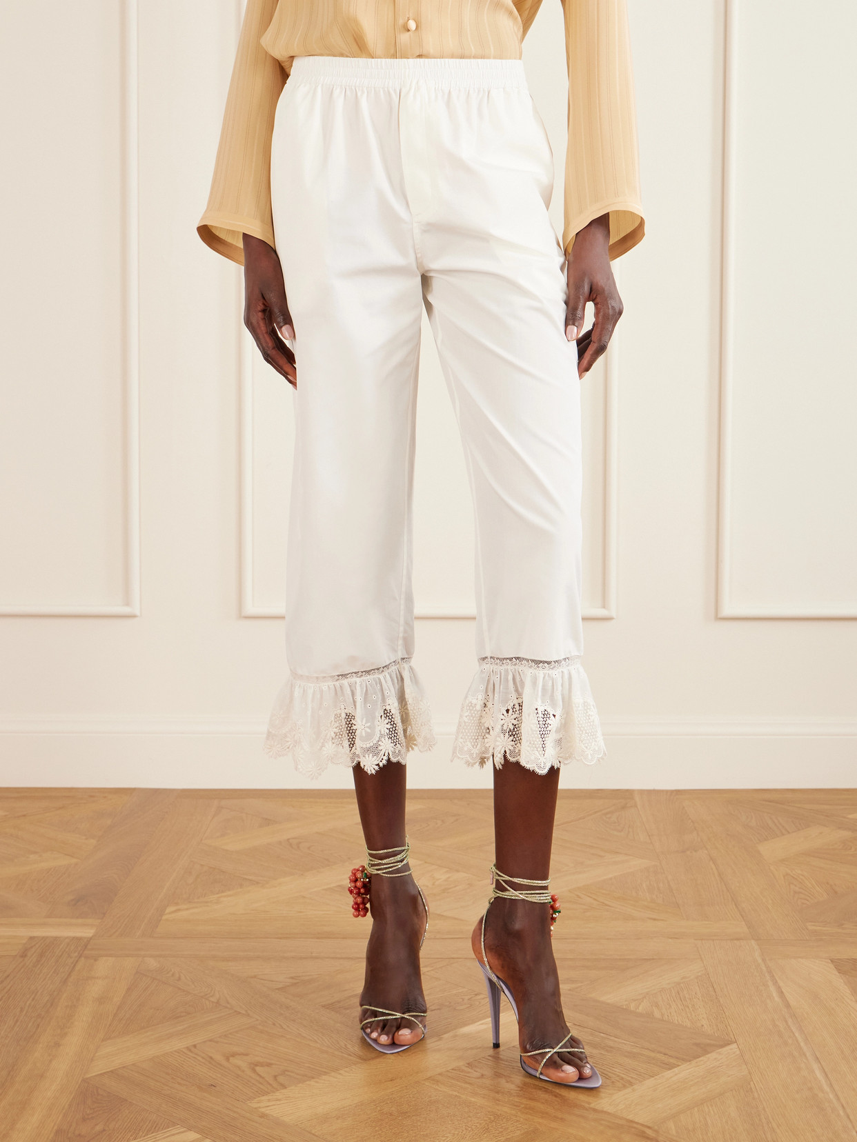 Cropped Ruffled Lace-Trimmed Cotton-Poplin Straight-Leg Pants