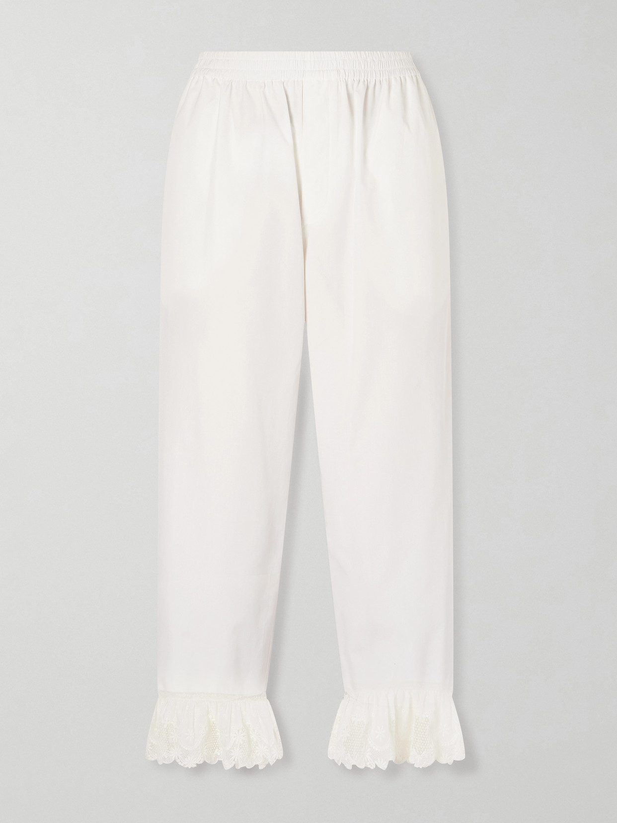 Cropped Ruffled Lace-Trimmed Cotton-Poplin Straight-Leg Pants
