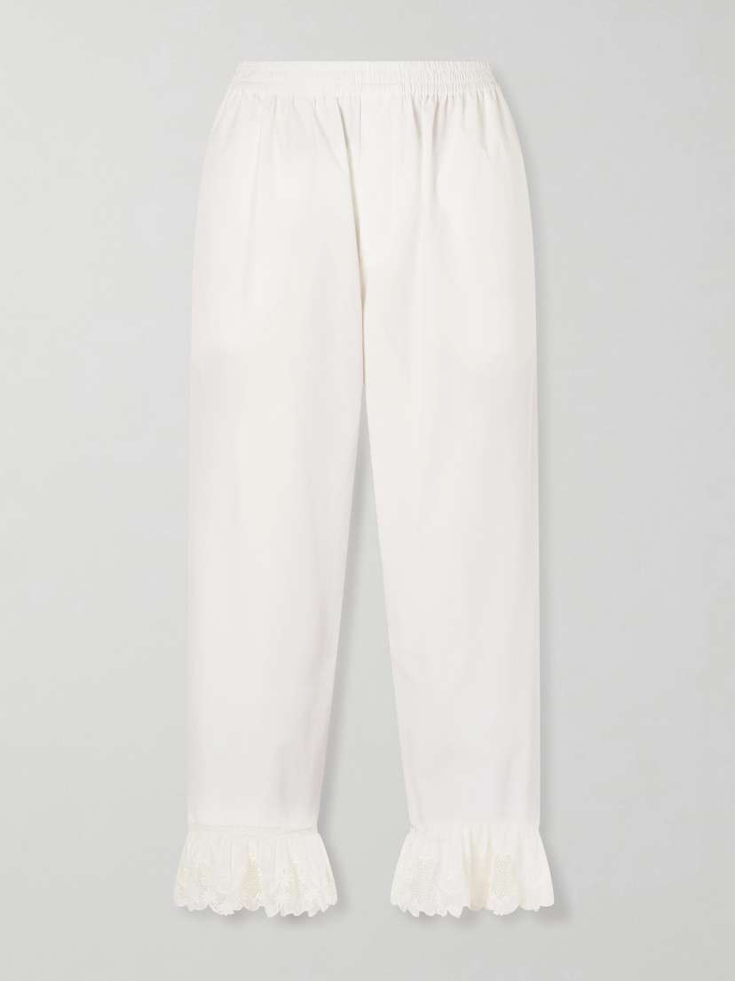 Saint Laurent Cropped Ruffled Lace-trimmed Cotton-poplin Straight-leg Pants