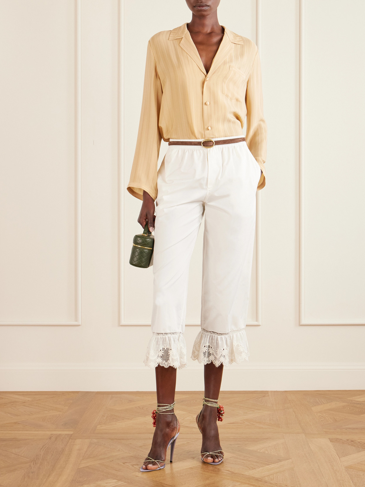 Cropped Ruffled Lace-Trimmed Cotton-Poplin Straight-Leg Pants