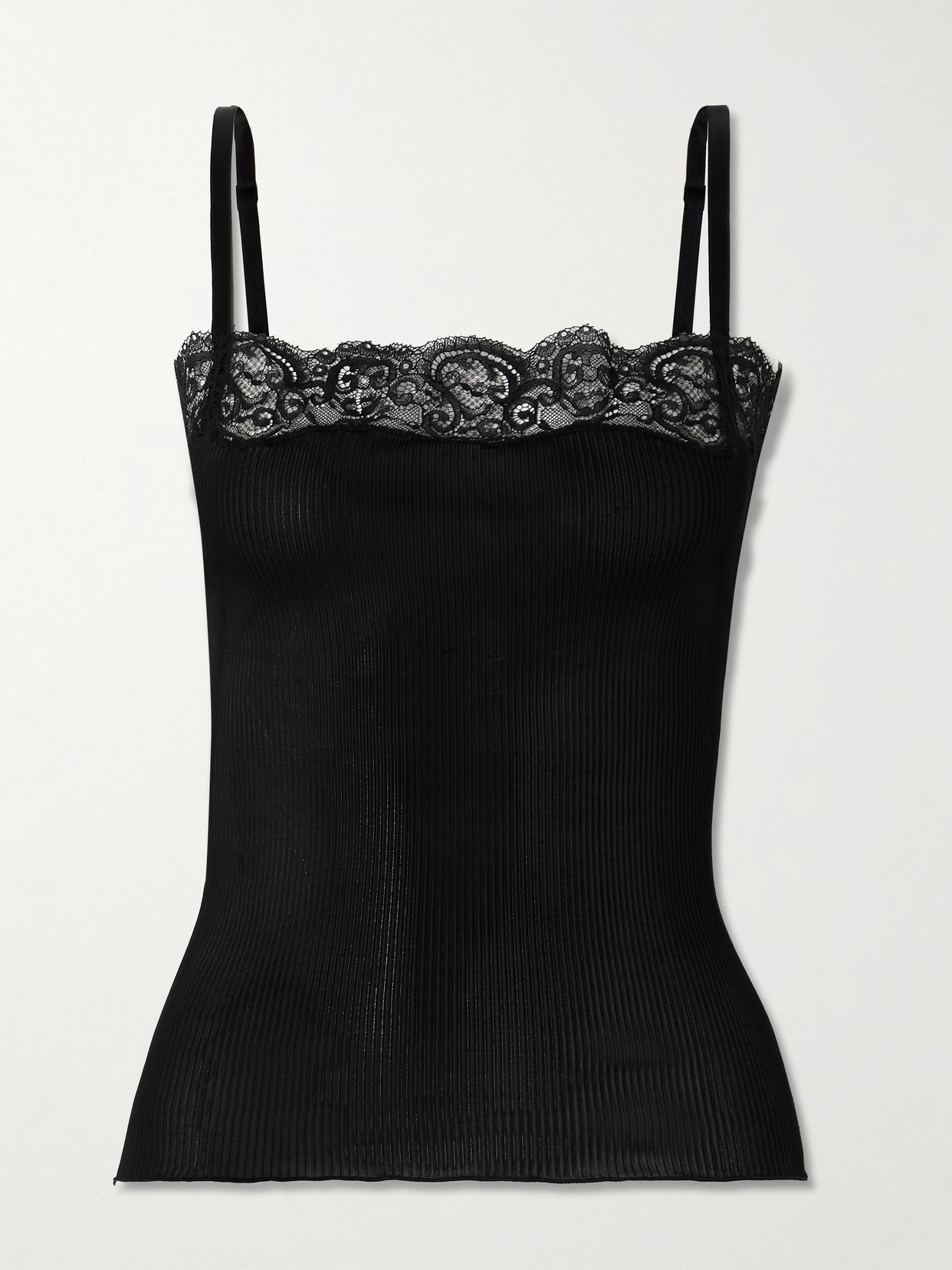 Saint Laurent Scalloped Lace-trimmed Ribbed Silk-jersey Tank In Black