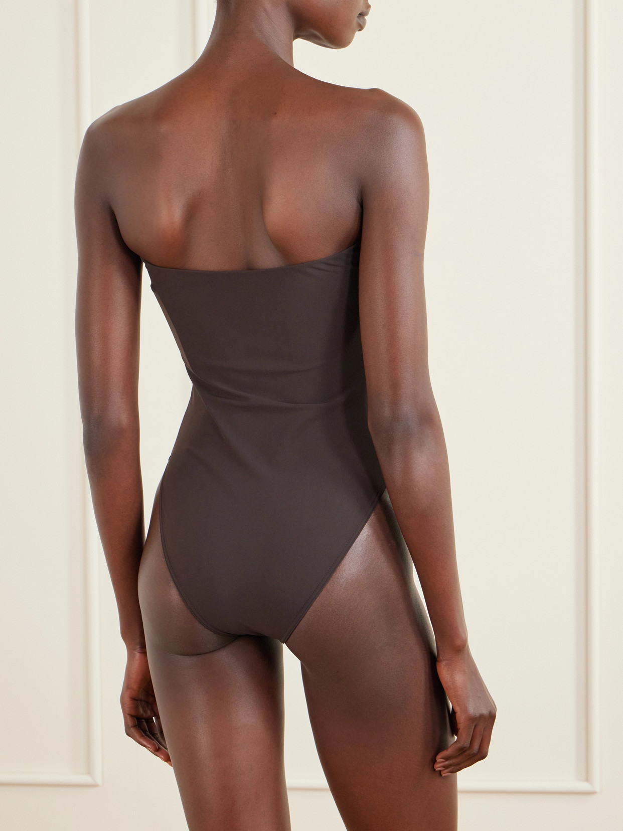 Saint Laurent Bow-detailed Strapless Swimsuit In Brown