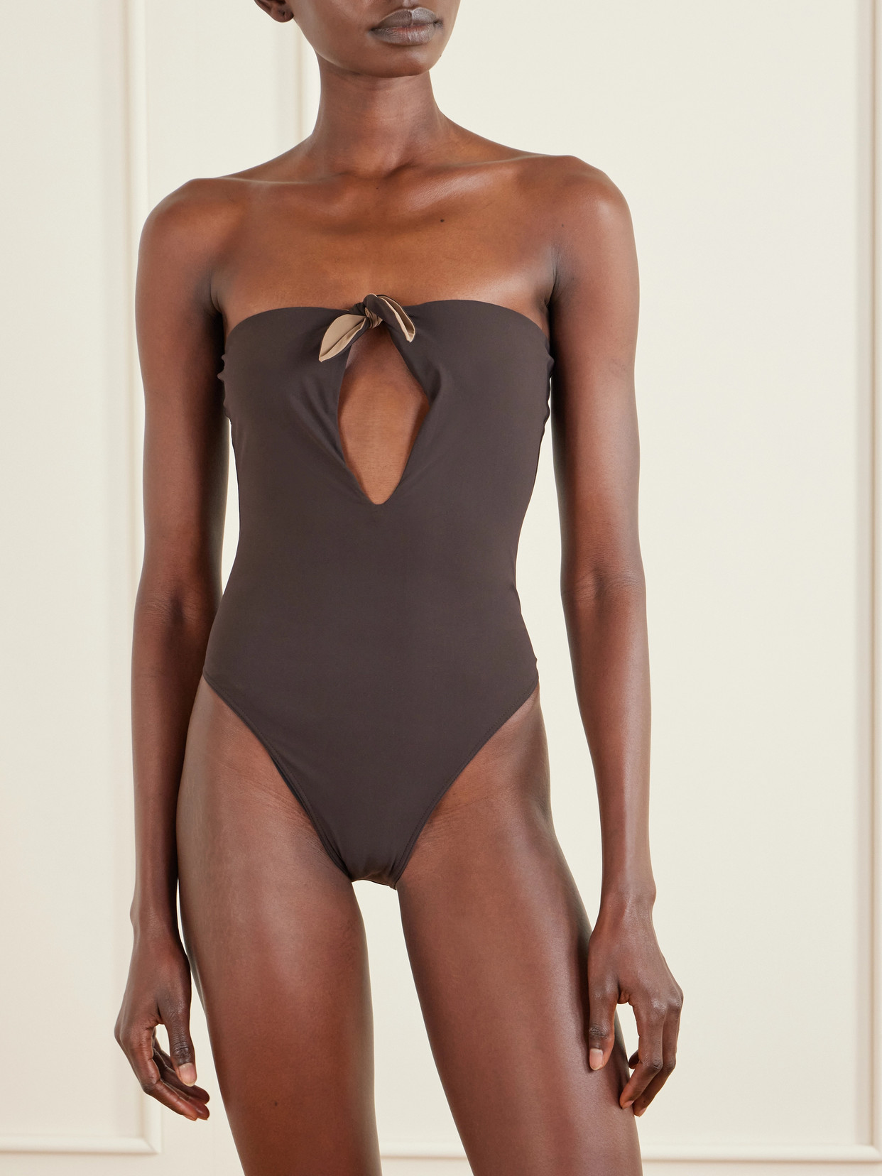 Saint Laurent Bow-detailed Strapless Swimsuit In Brown