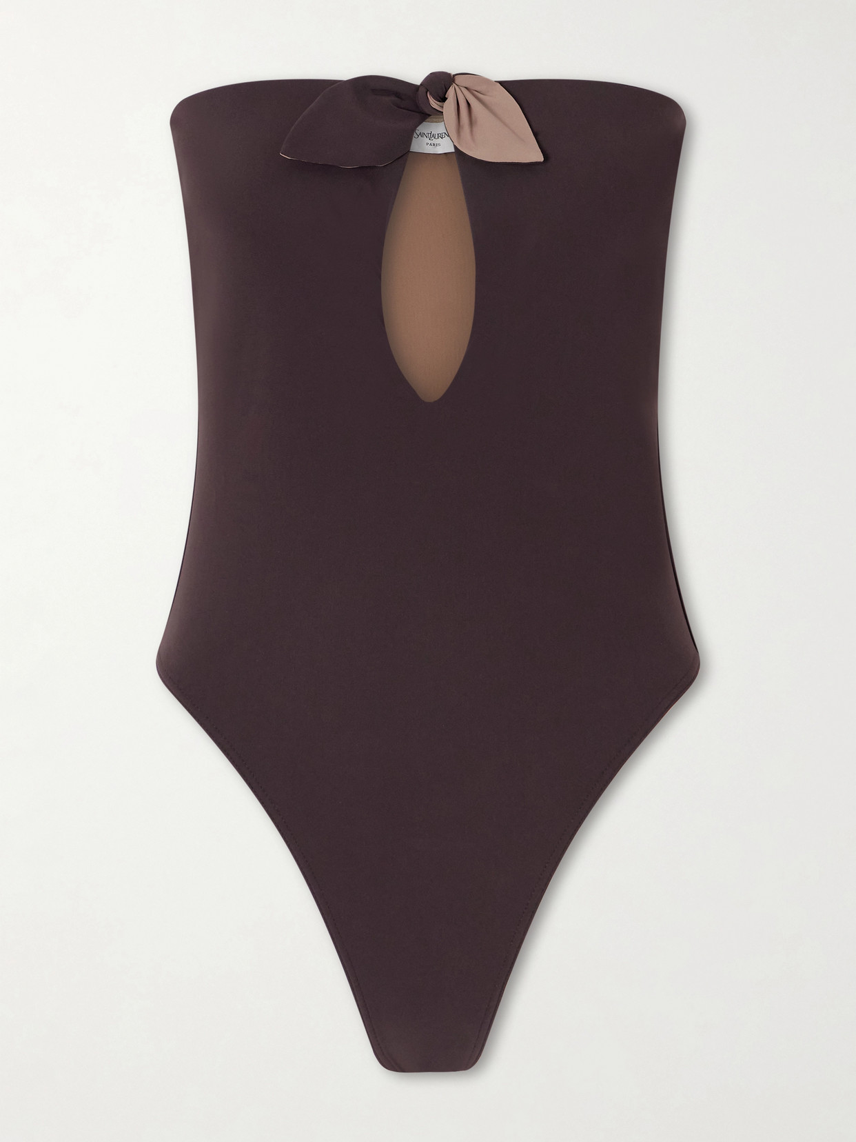 Saint Laurent Bow-detailed Strapless Swimsuit In Brown