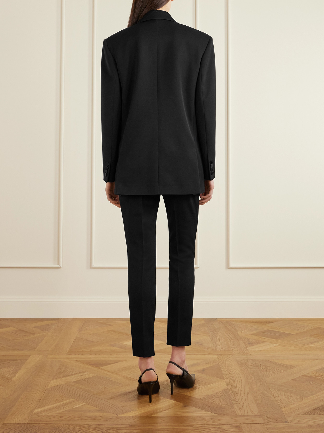 Saint Laurent Double-breasted Satin-trimmed Grain De Poudre Wool Blazer In Black