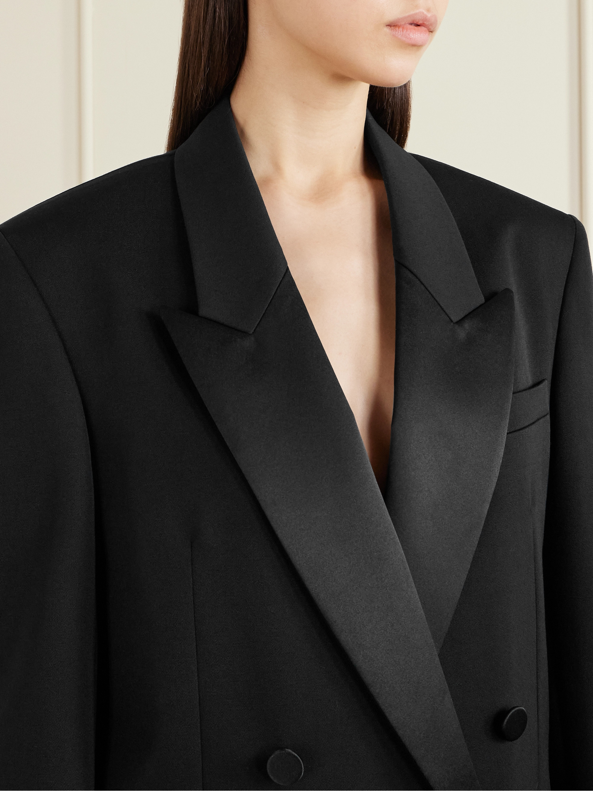 Saint Laurent Double-breasted satin-trimmed grain de poudre wool blazer