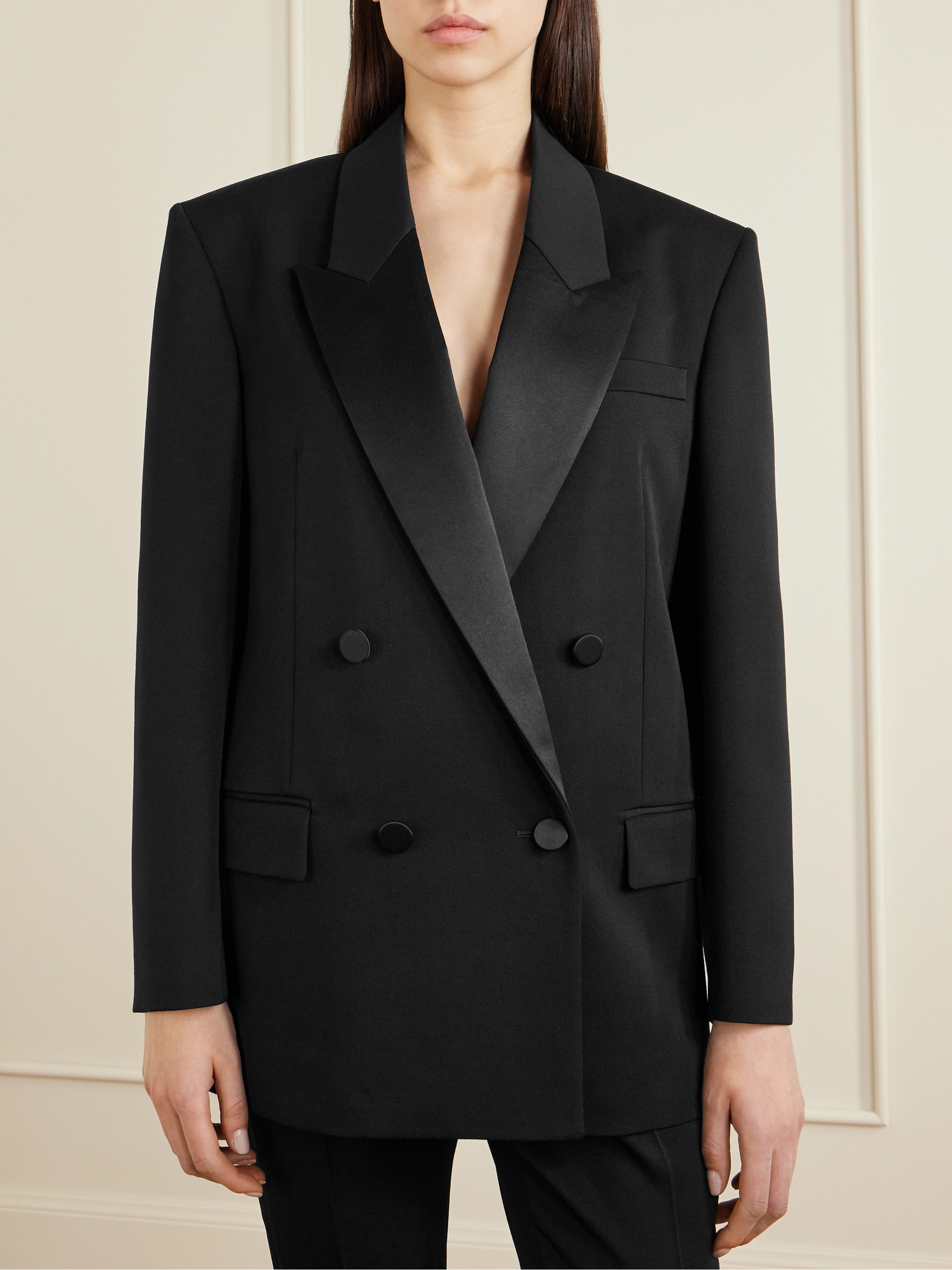Saint Laurent Double-breasted satin-trimmed grain de poudre wool blazer