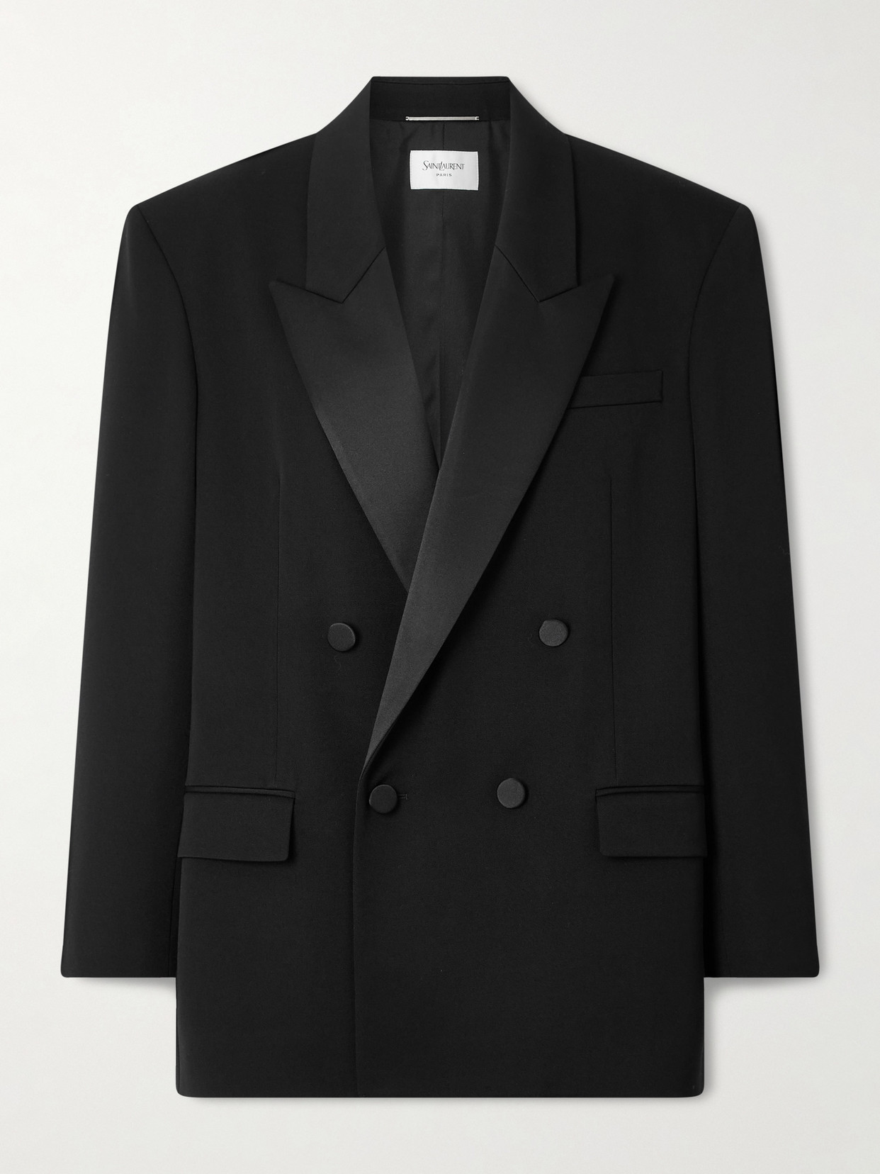 Saint Laurent Double-breasted Satin-trimmed Grain De Poudre Wool Blazer In Black