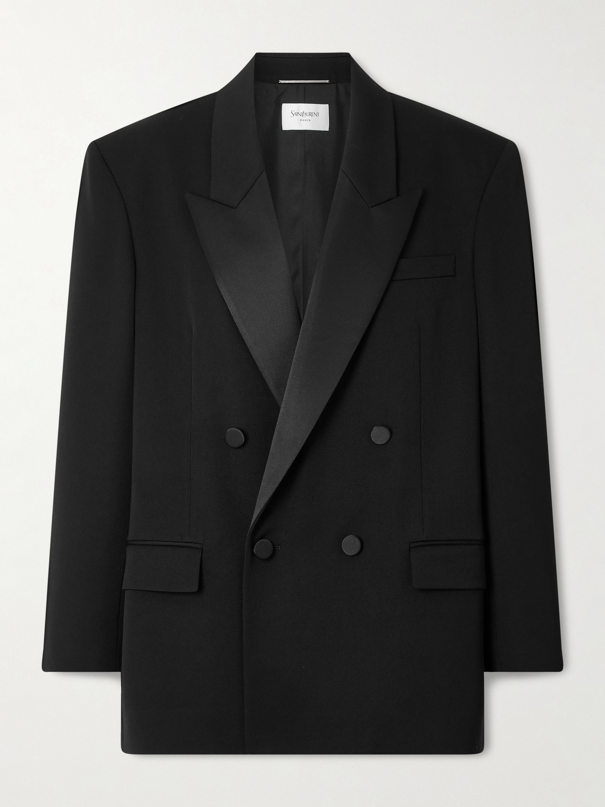 Saint Laurent Double-breasted satin-trimmed grain de poudre wool blazer