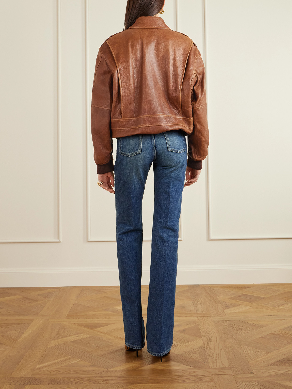 Saint Laurent Leather Bomber Jacket In Brown