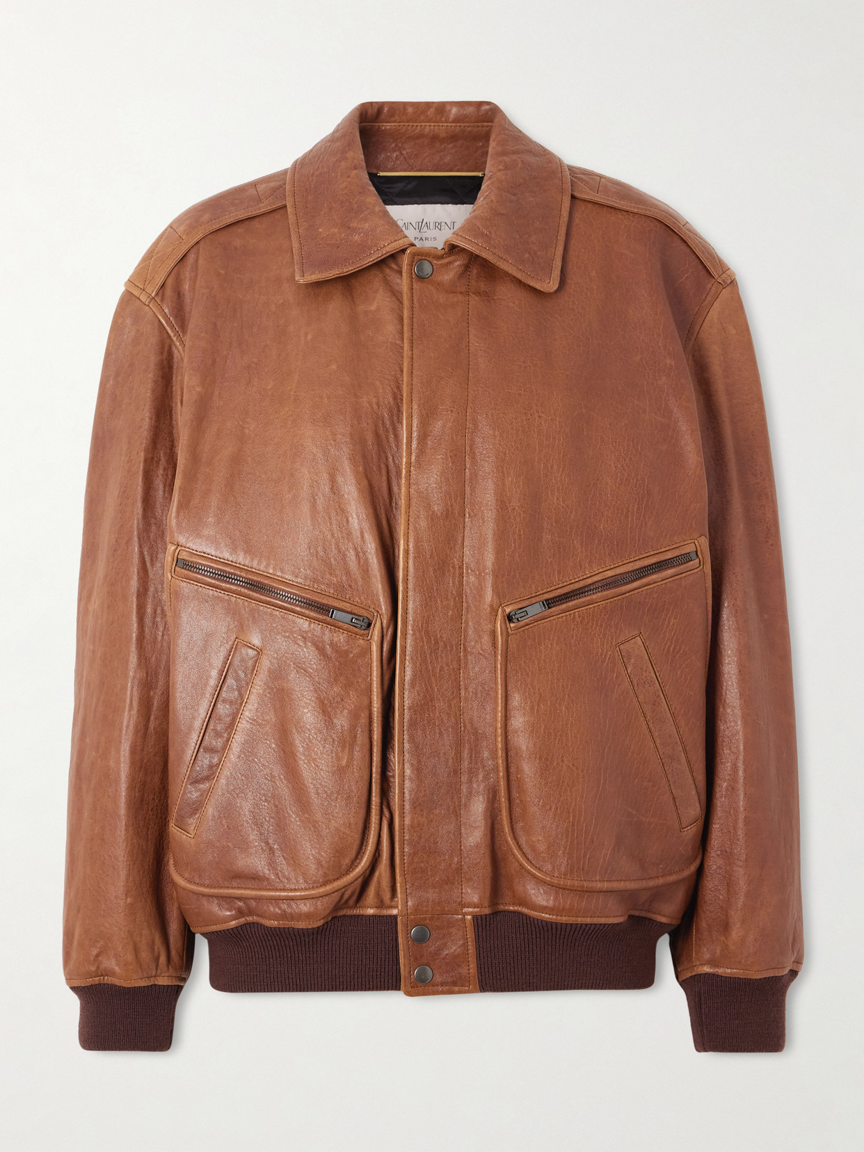 Saint Laurent Leather Bomber Jacket In Brown