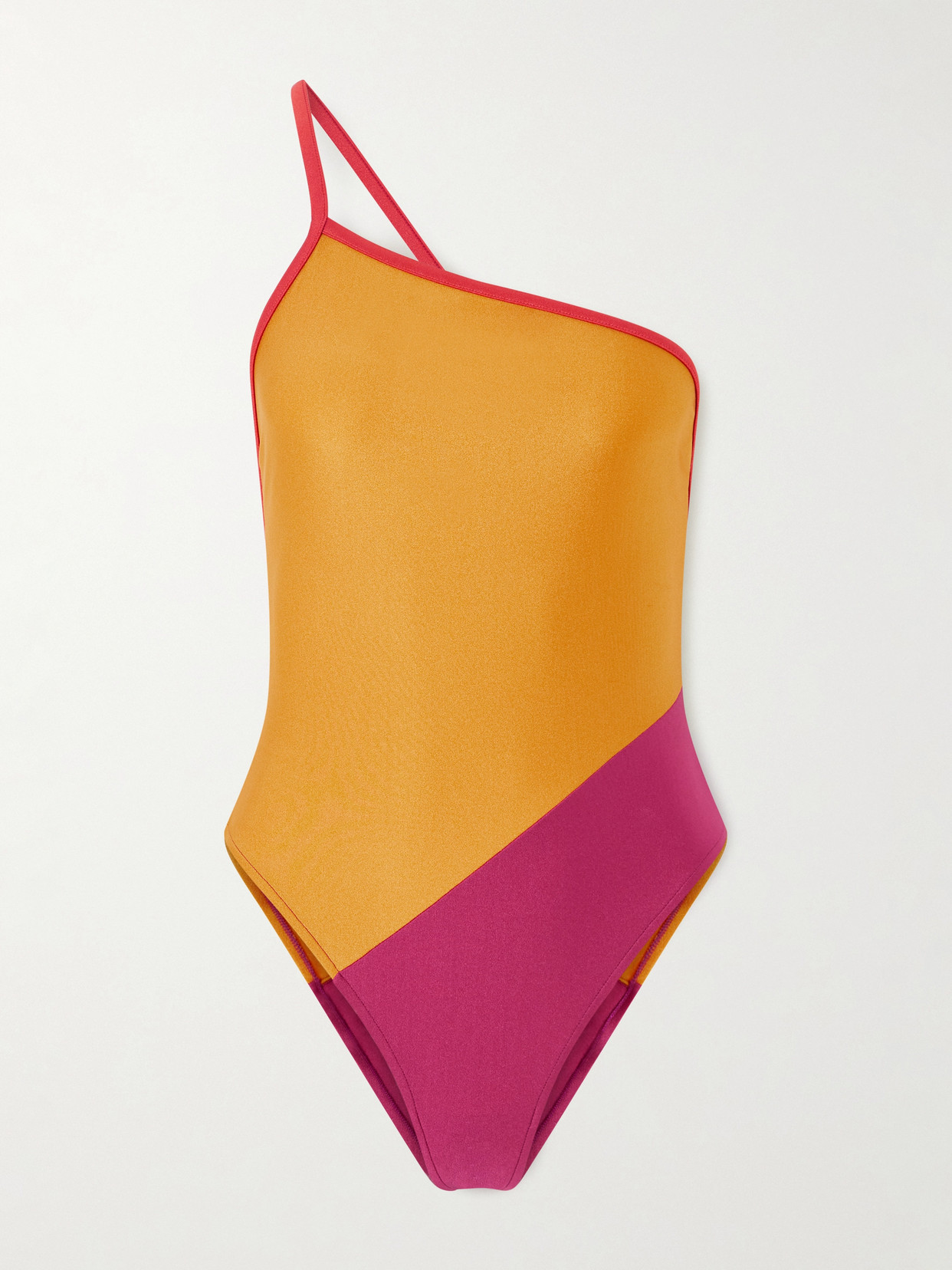 Saint Laurent One-shoulder Color-block Swimsuit In Orange
