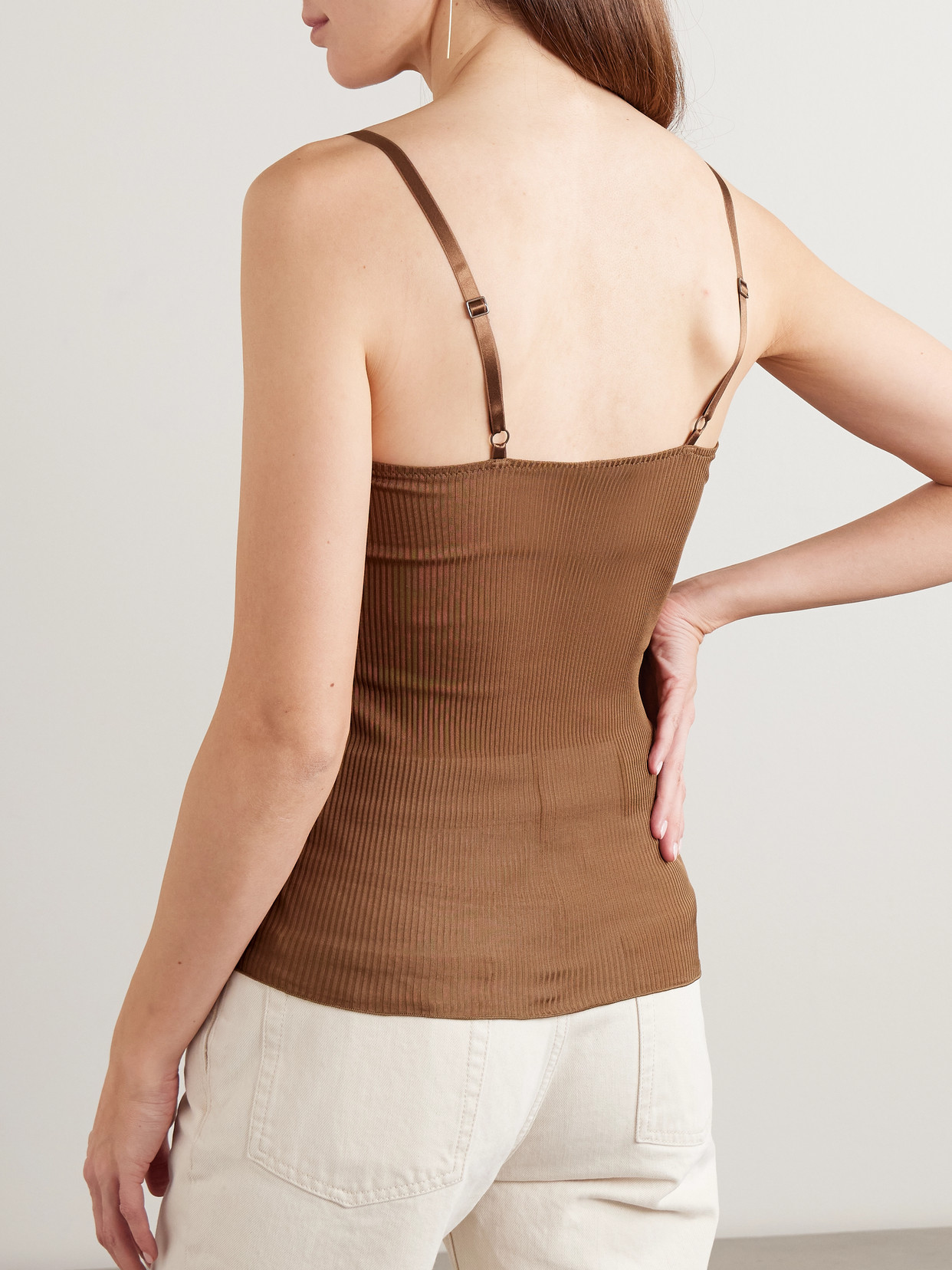 Saint Laurent Lace-trimmed Ribbed Silk-jersey Tank In Brown