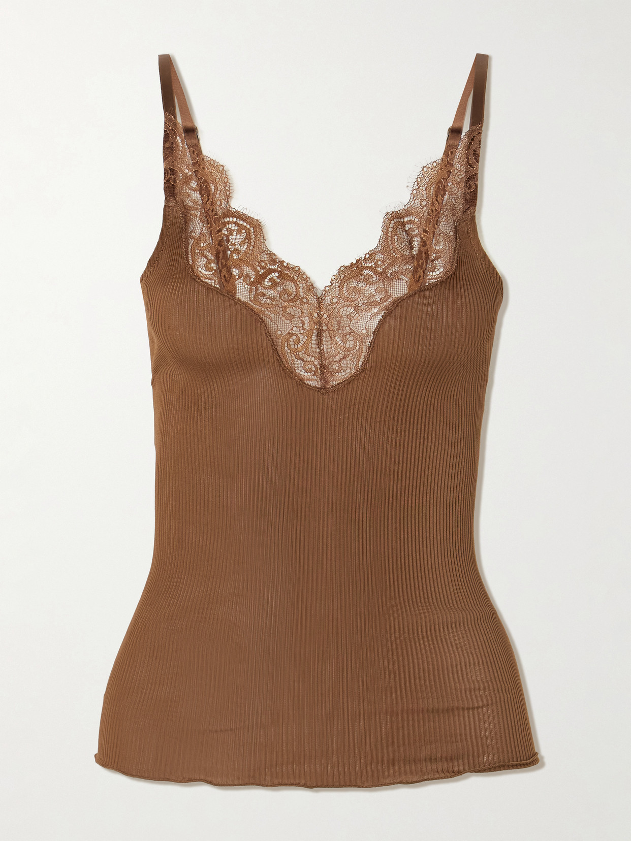 Saint Laurent Lace-trimmed Ribbed Silk-jersey Tank In Brown