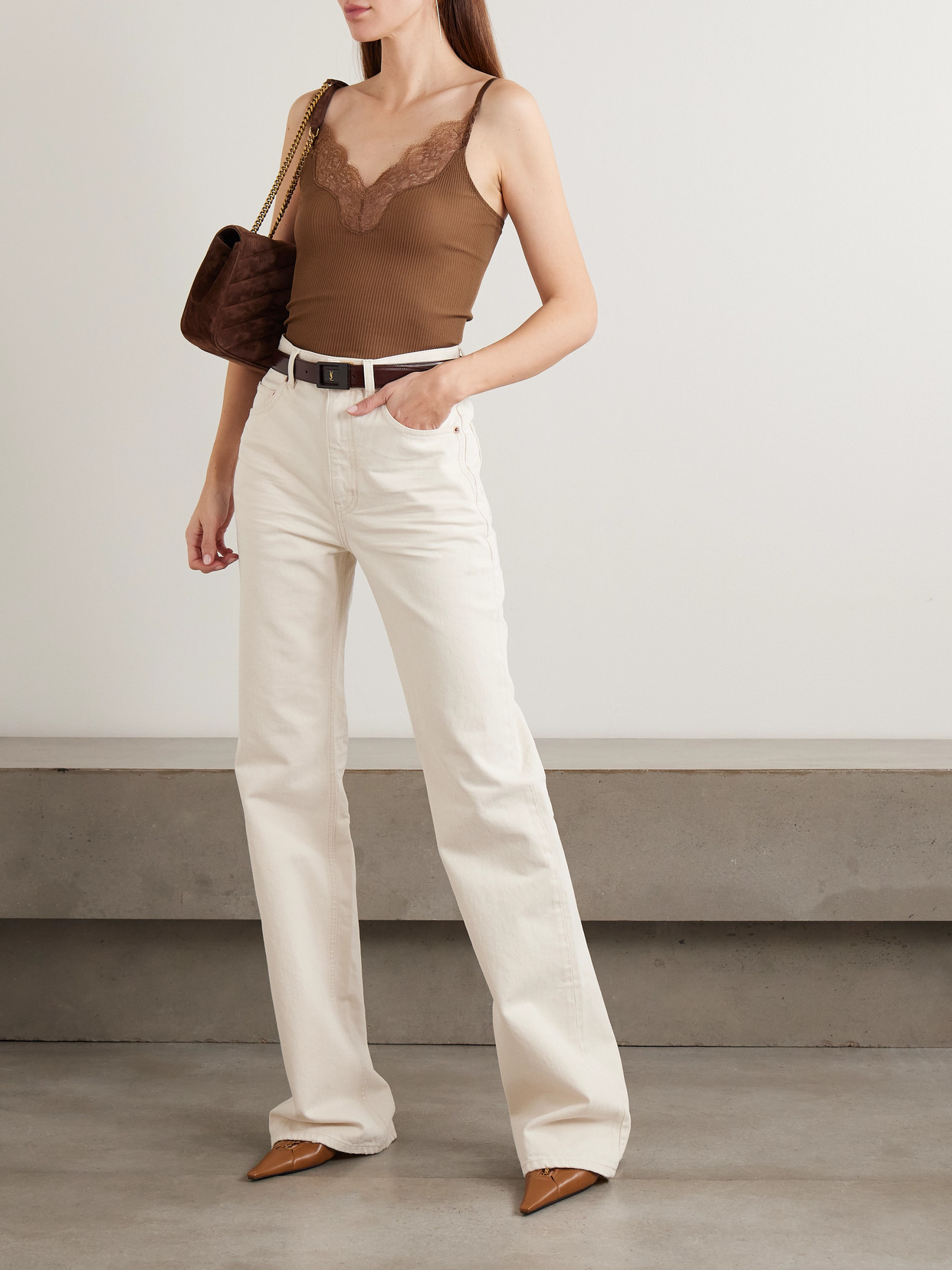 Saint Laurent Lace-trimmed Ribbed Silk-jersey Tank In Brown