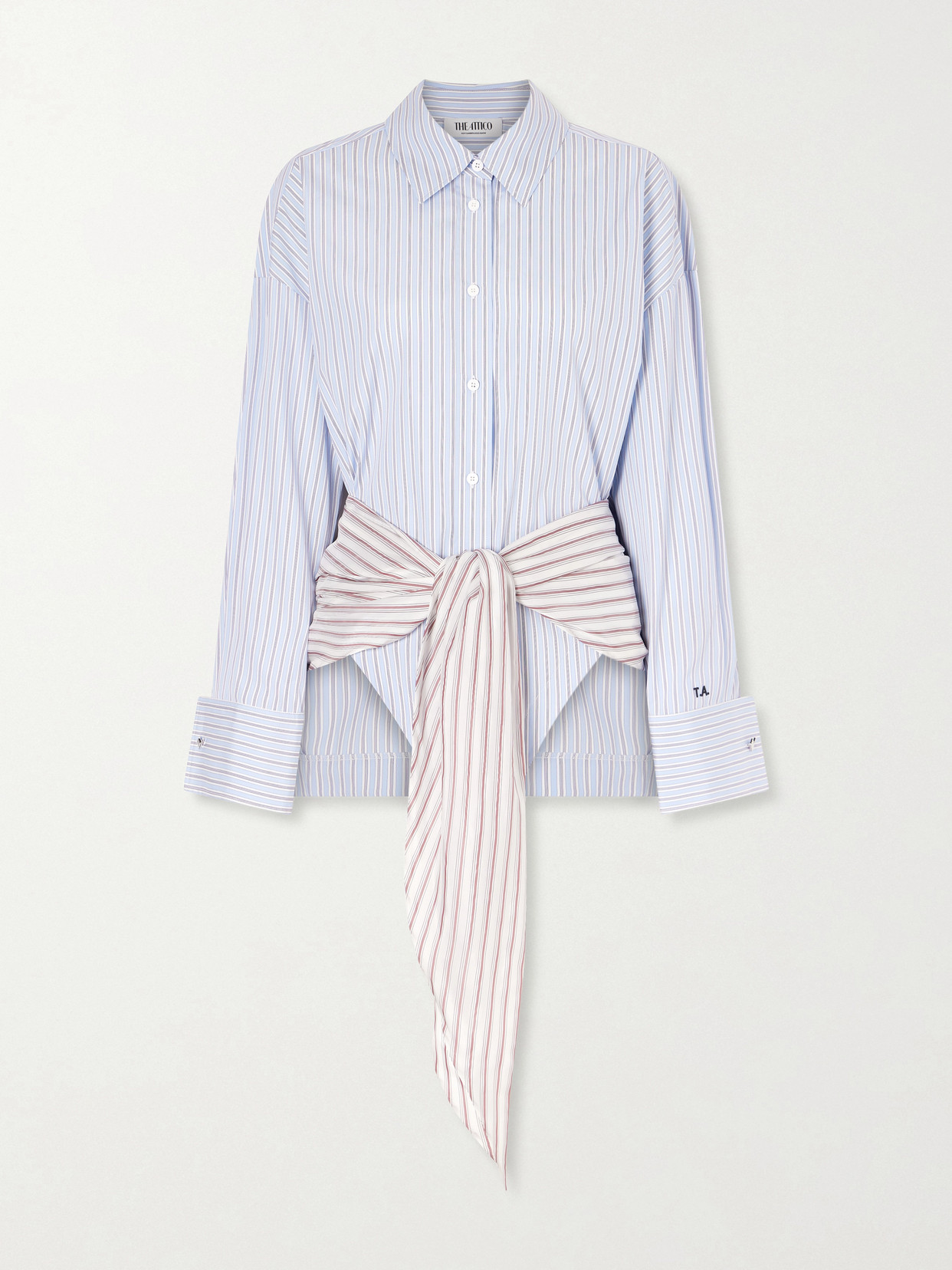 Attico Belted Striped Cotton-poplin Mini Dress In Blue