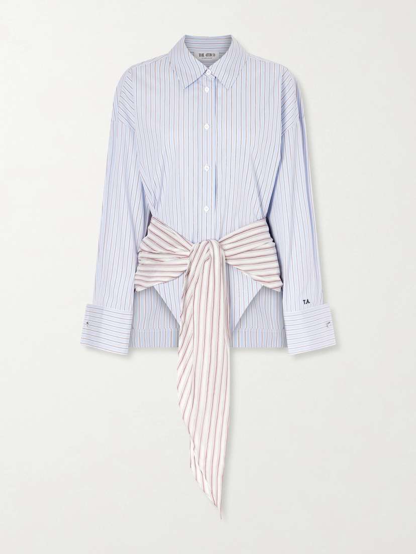 The Attico Belted Striped Cotton-poplin Mini Dress