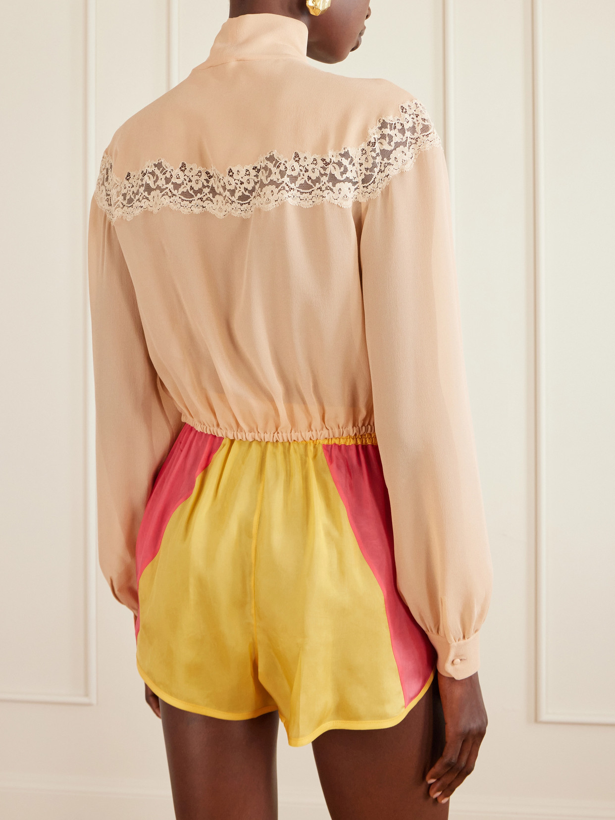 Cropped Pussy-Bow Lace-Trimmed Silk-Georgette Blouse