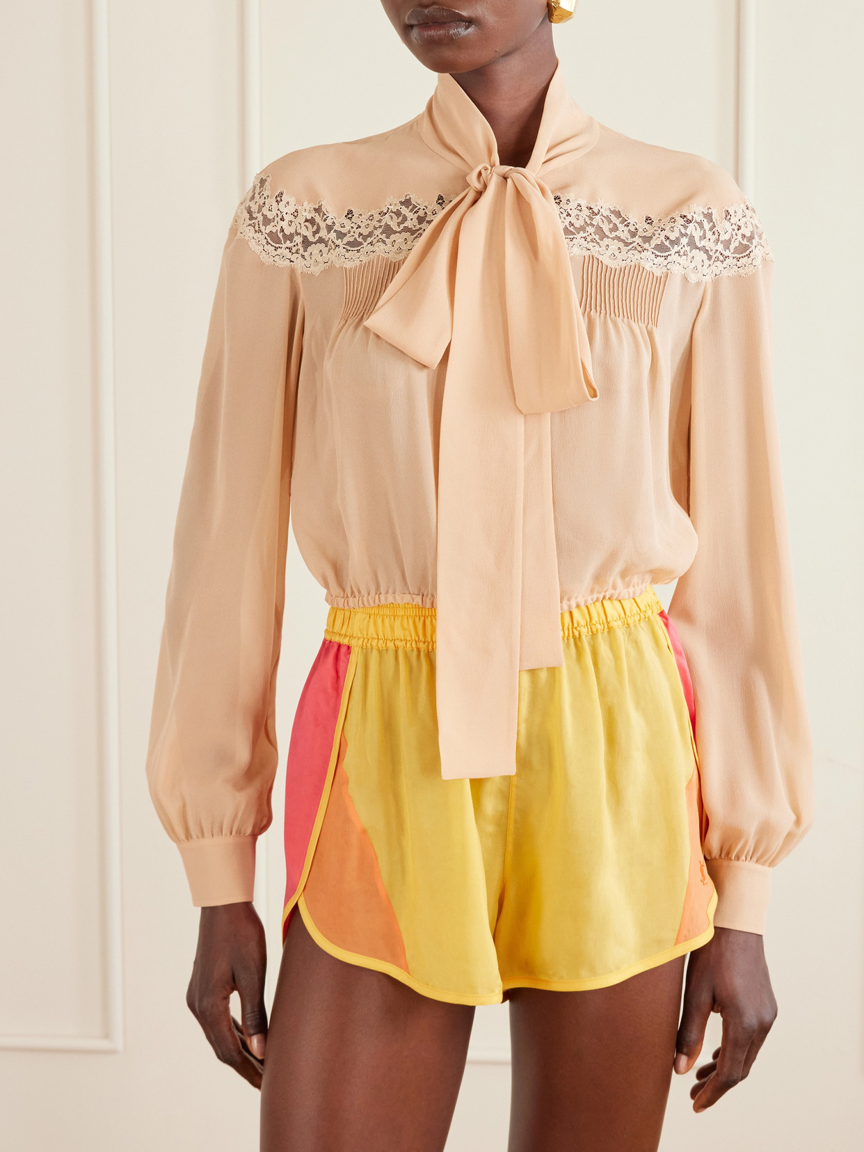 Cropped Pussy-Bow Lace-Trimmed Silk-Georgette Blouse