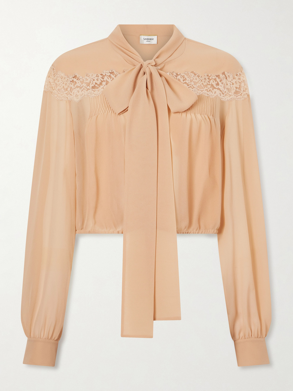 Saint Laurent Cropped Pussy-bow Lace-trimmed Silk-georgette Blouse In Brown
