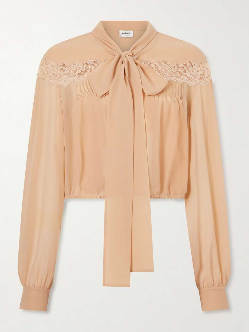 Saint Laurent Cropped Pussy-bow Lace-trimmed Silk-georgette Blouse