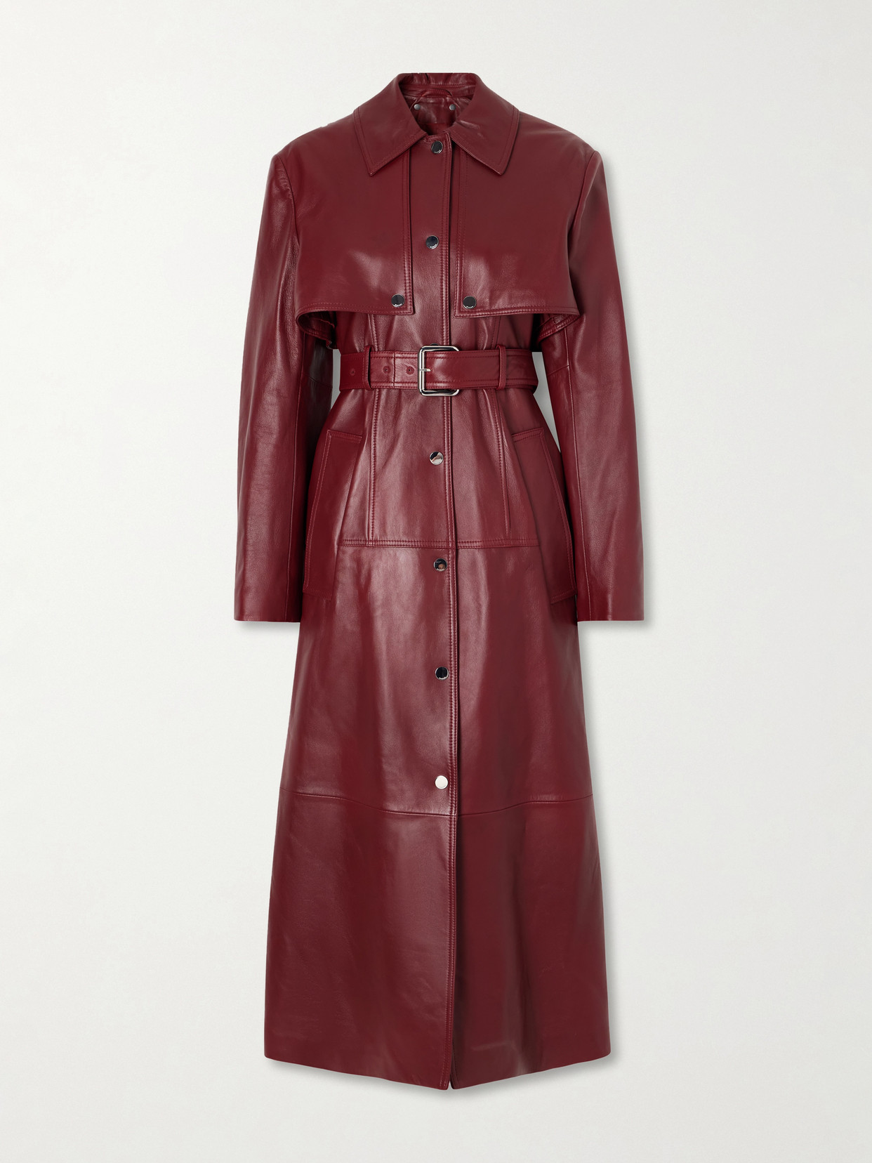 Sportmax Belted Leather Trench Coat In Burgundy