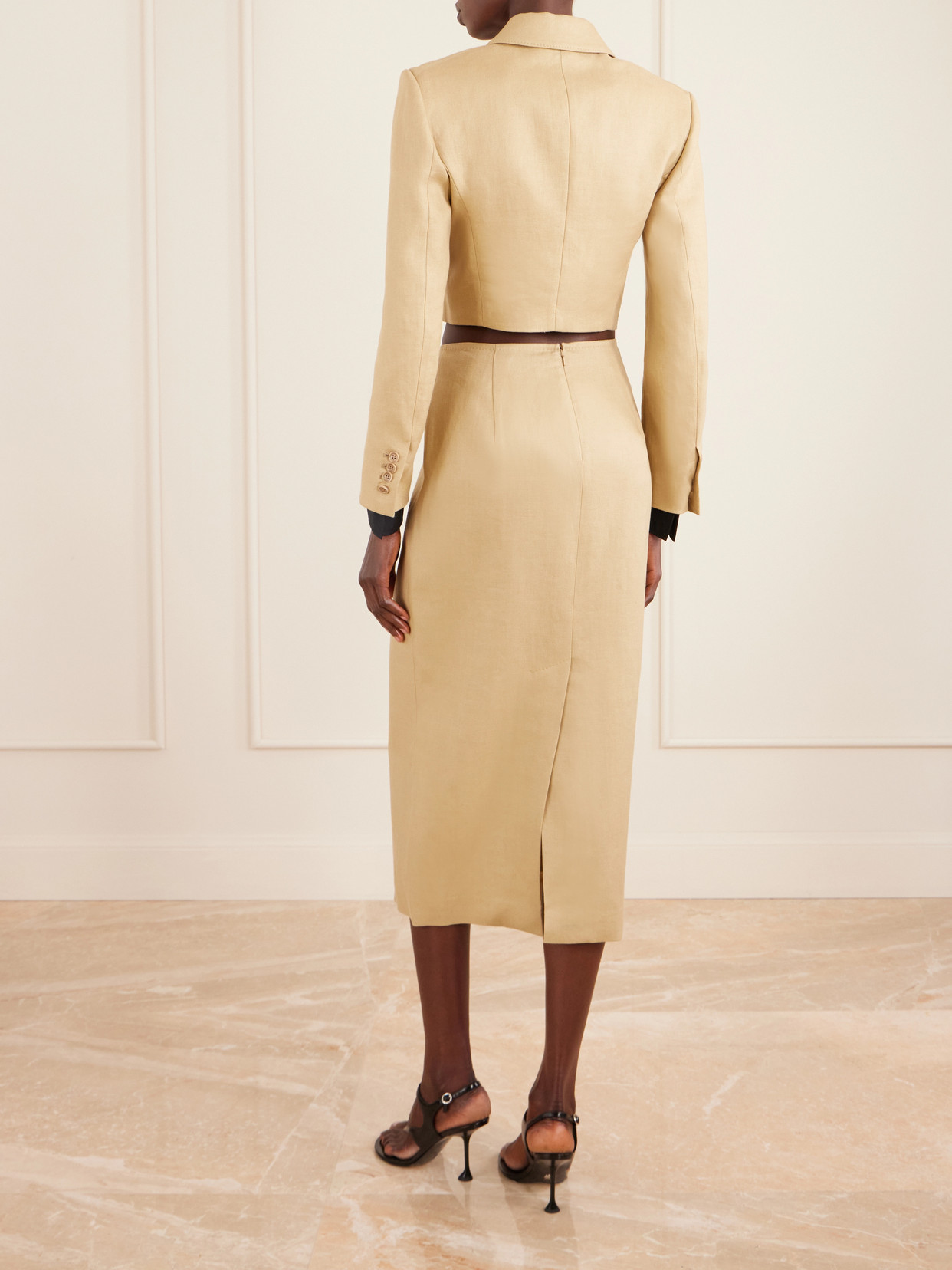 Max Mara Buono Diagonal Cropped Jacket In Camel Linen In Blue
