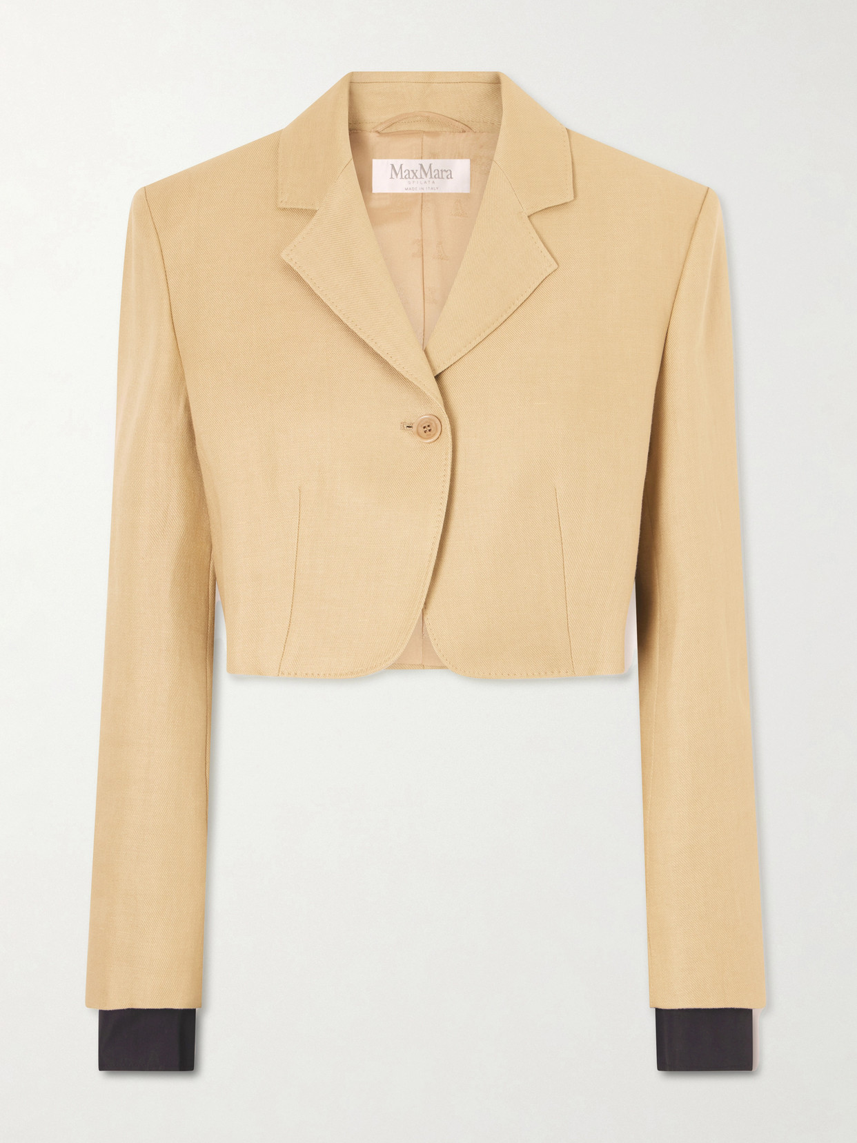 Max Mara Buono Diagonal Cropped Jacket In Camel Linen In Blue