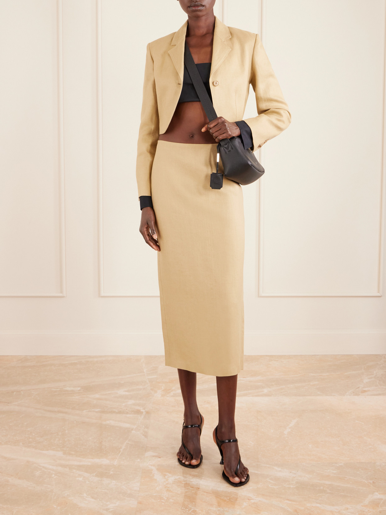 Max Mara Buono Diagonal Cropped Jacket In Camel Linen In Blue