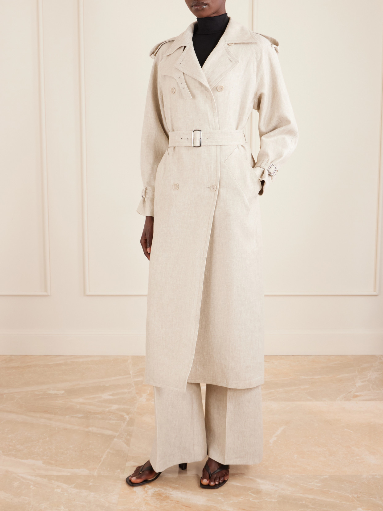 Belted Linen-Drill Trench Coat