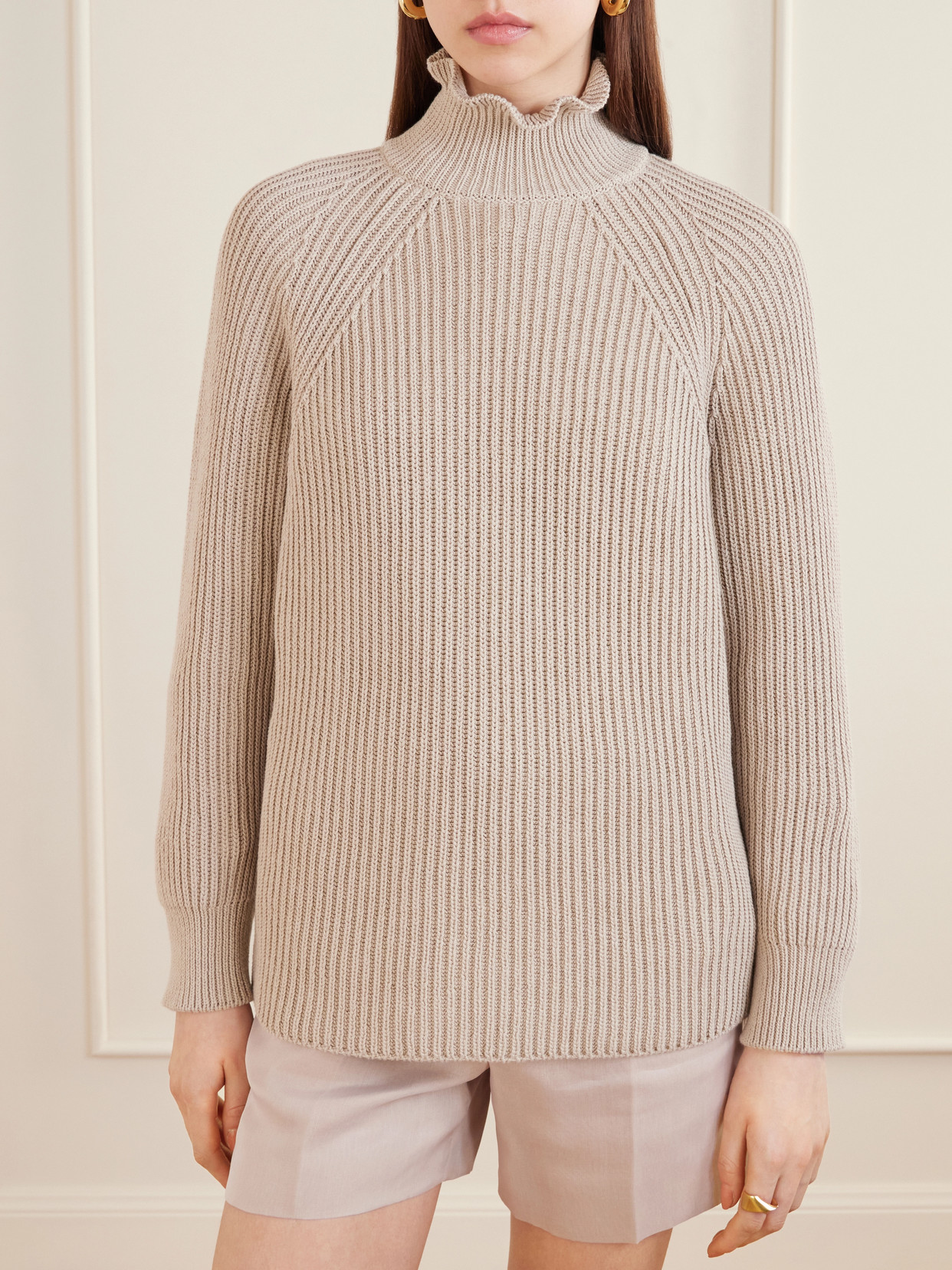 Camino Ruffled Ribbed-Knit Cotton Sweater