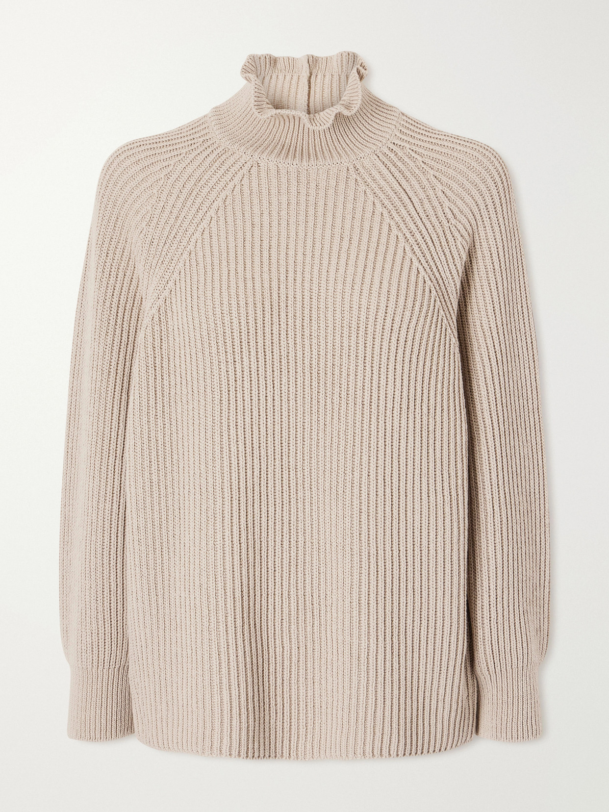 Max Mara Camino Ruffled Ribbed-knit Cotton Sweater In Neutral