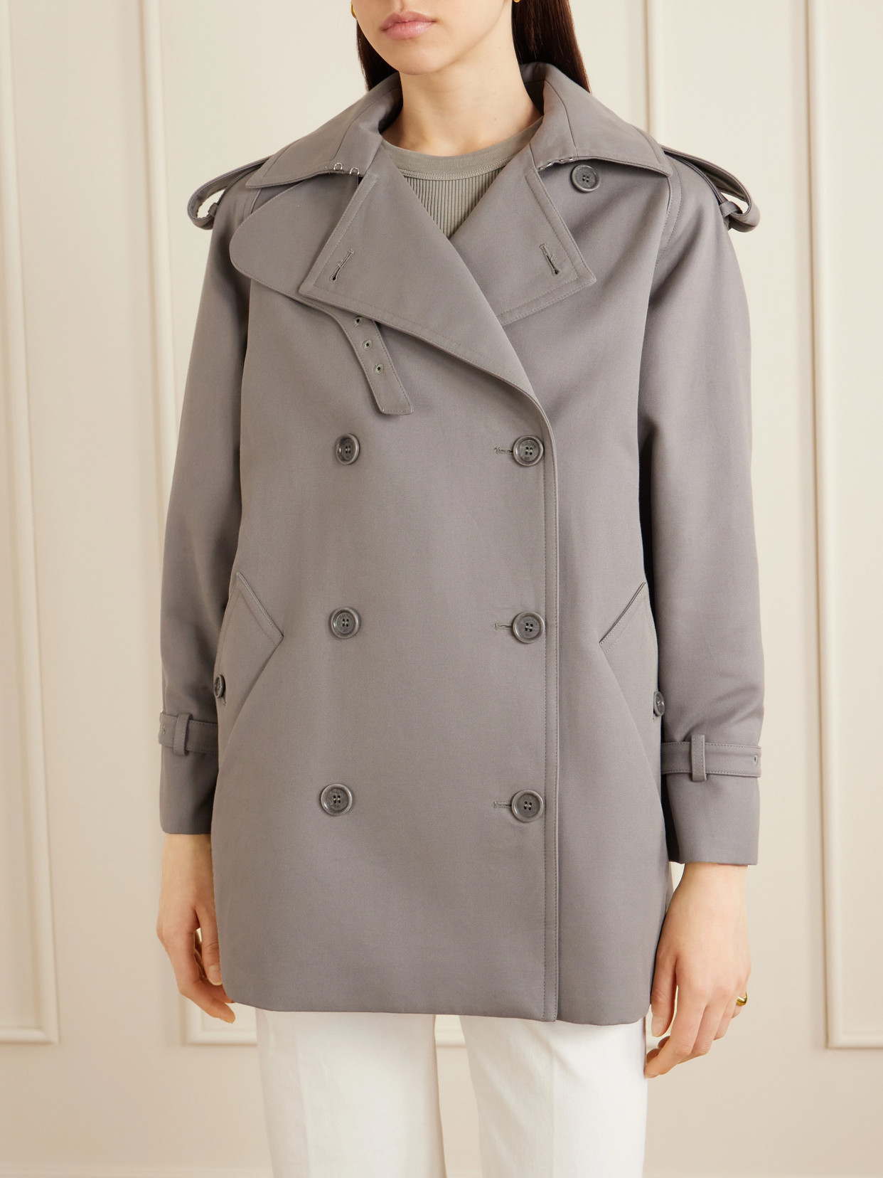 Double-Breasted Belted Cotton-Gabardine Cropped Trench Jacket