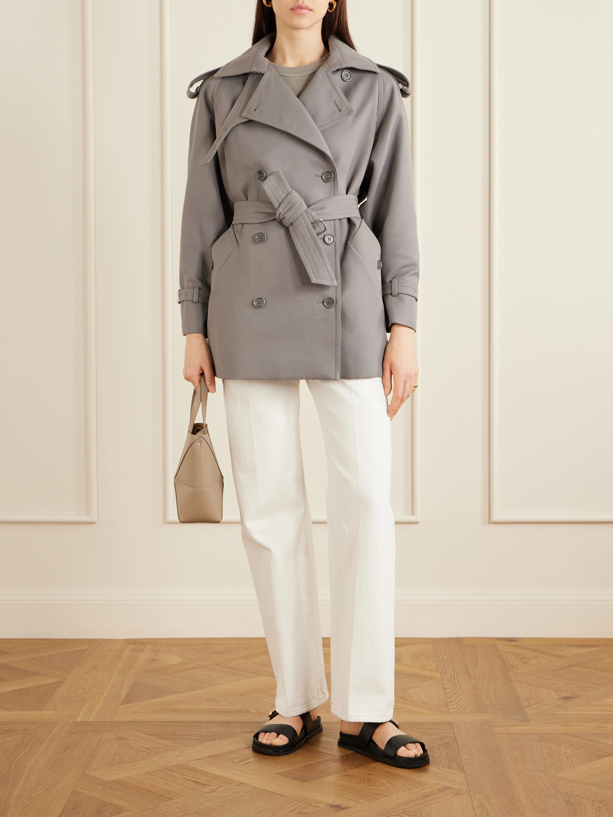 Double-Breasted Belted Cotton-Gabardine Cropped Trench Jacket