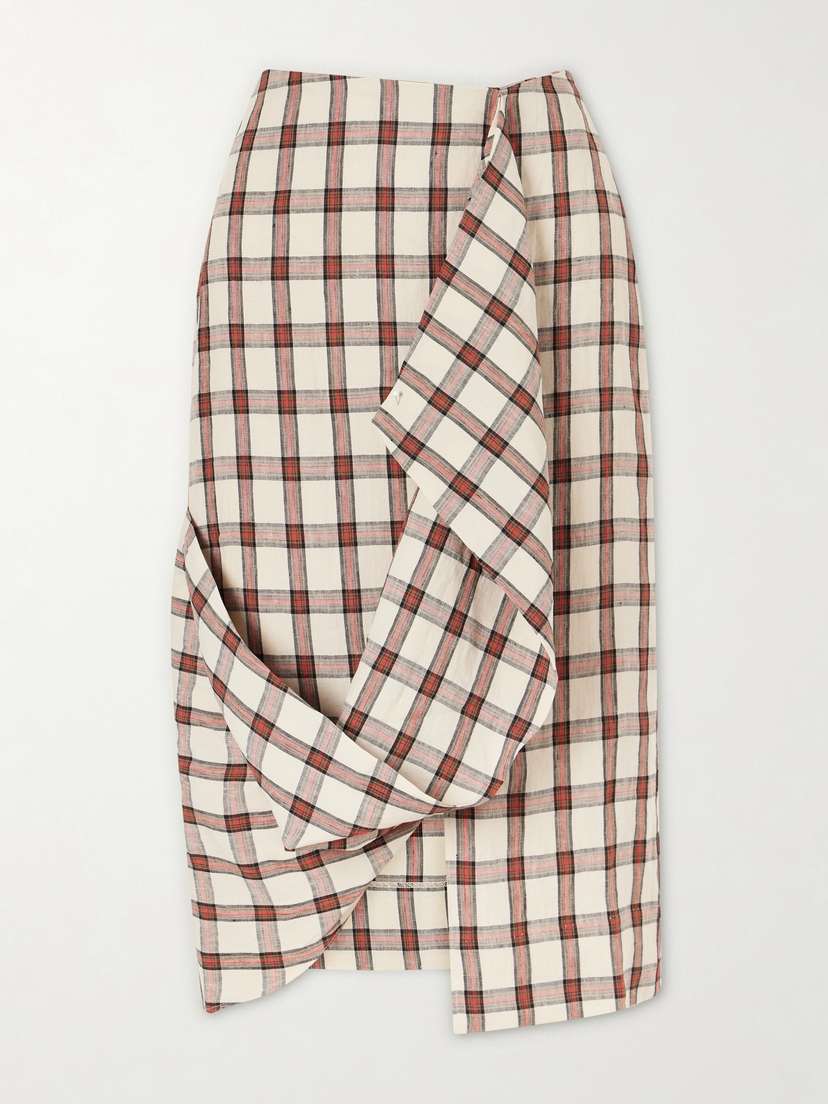 RÓHE Draped Checked Linen Midi Skirt