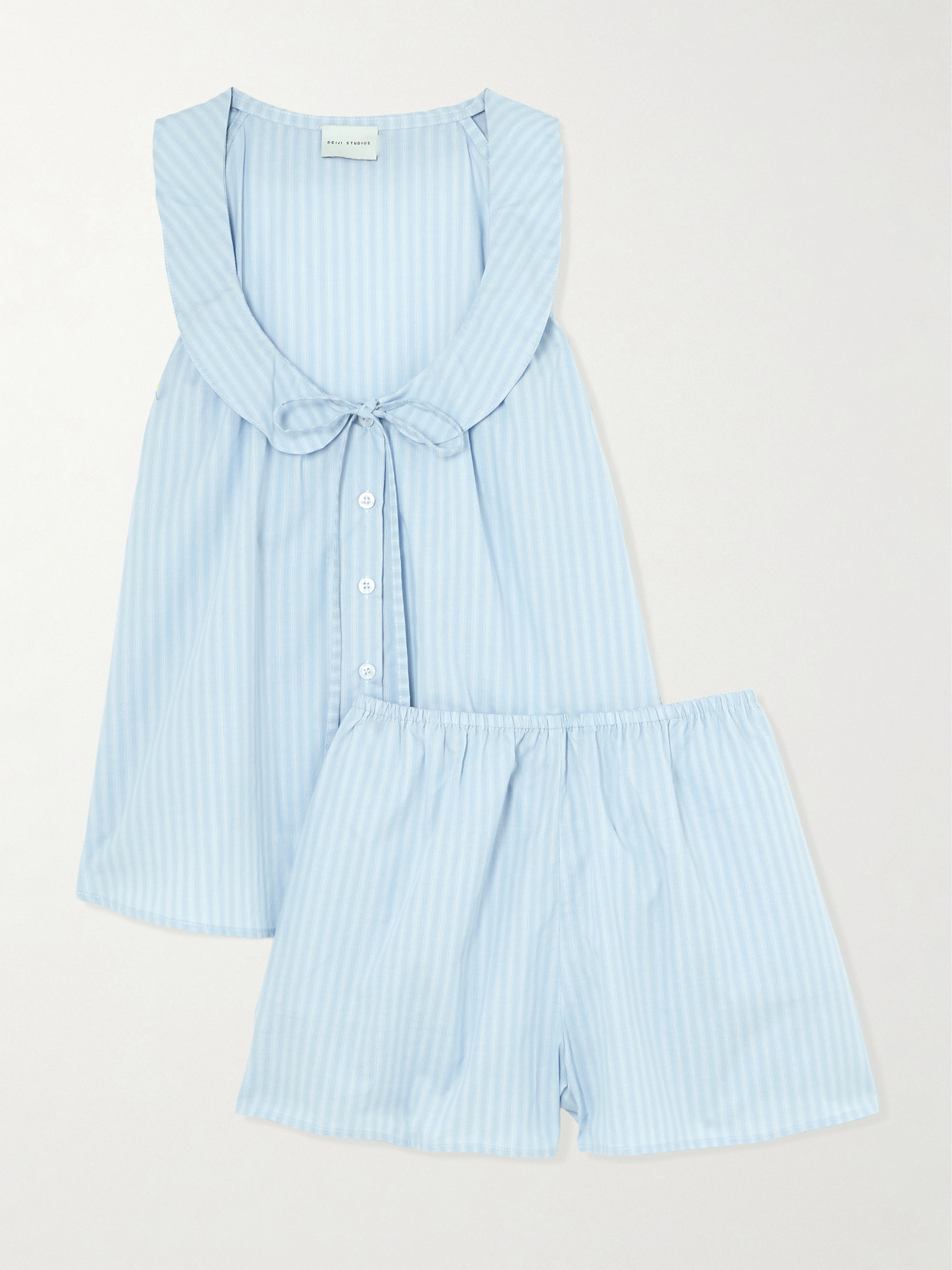 Deiji Studios Round Collar Tie-detailed Striped Organic Cotton Shirt And Shorts Set In Blue