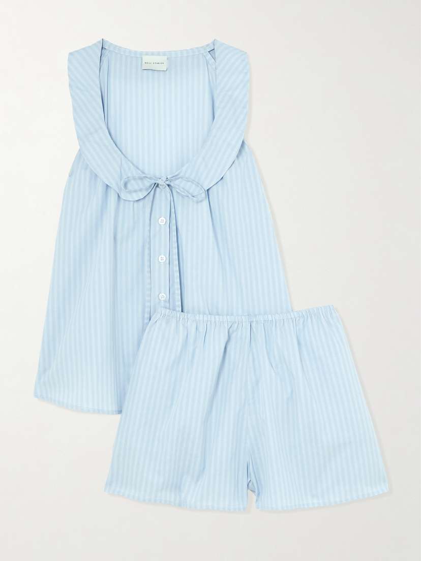 Deiji Studios Round Collar Tie-detailed Striped Organic Cotton Shirt And Shorts Set
