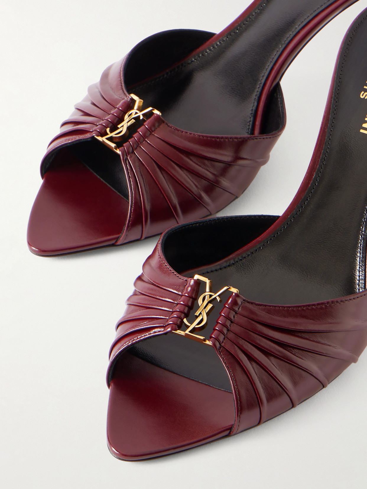 Saint Laurent Babylone Embellished Gathered Glossed-leather Mules In Burgundy