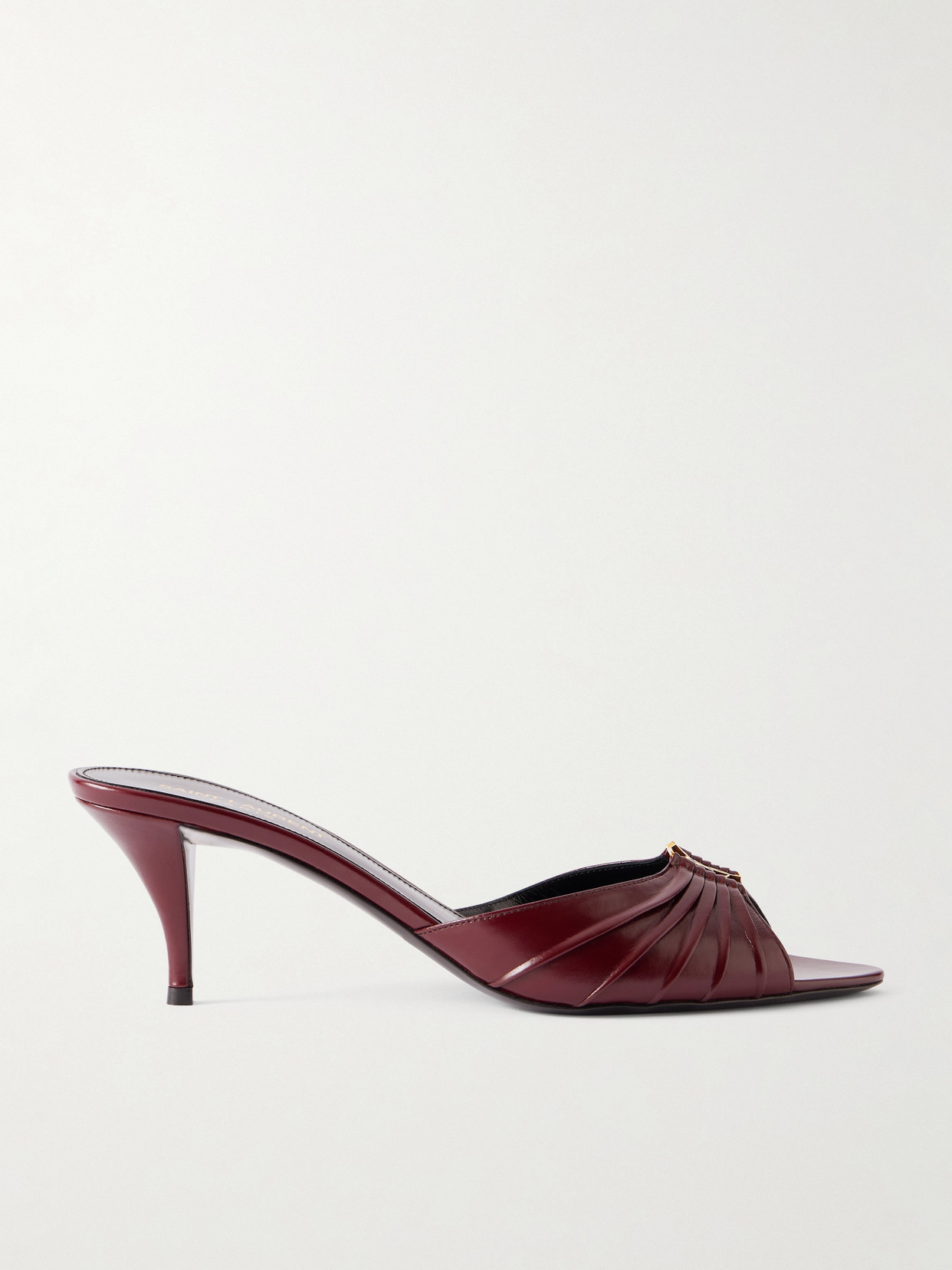 Saint Laurent Babylone Embellished Gathered Glossed-leather Mules In Burgundy