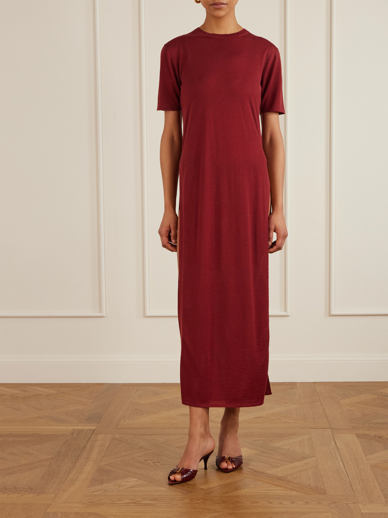 Saint Laurent Babylone Embellished Gathered Glossed-leather Mules In Burgundy