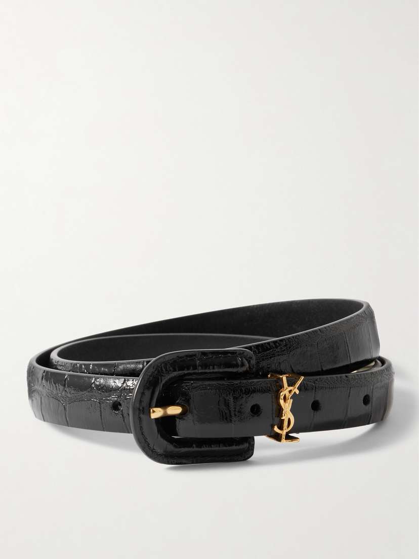 Saint Laurent Cassandre Embellished Croc-effect Leather Belt